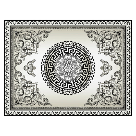 Cream Black Floral Ornate Baroque Greek Key Dornier Rug