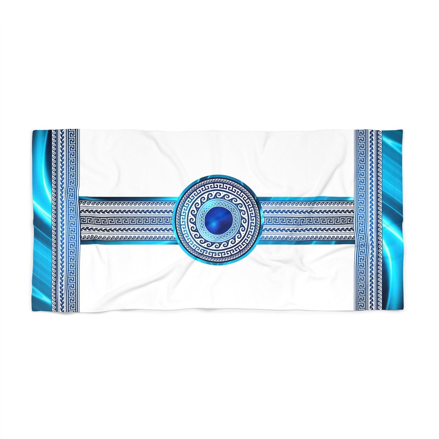 Greek Key White Blue Swirls Mati Beach Towel