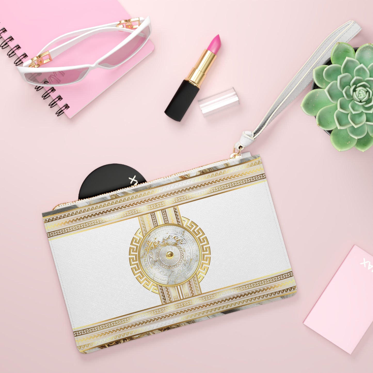White & Gold Greek Key Vegan Leather Clutch Bag