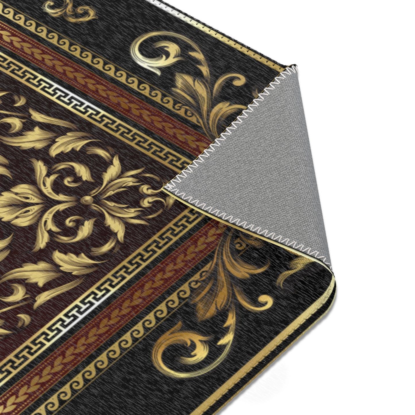 Baroque Ornate Black Gold Maroon Greek Key Area Rugs