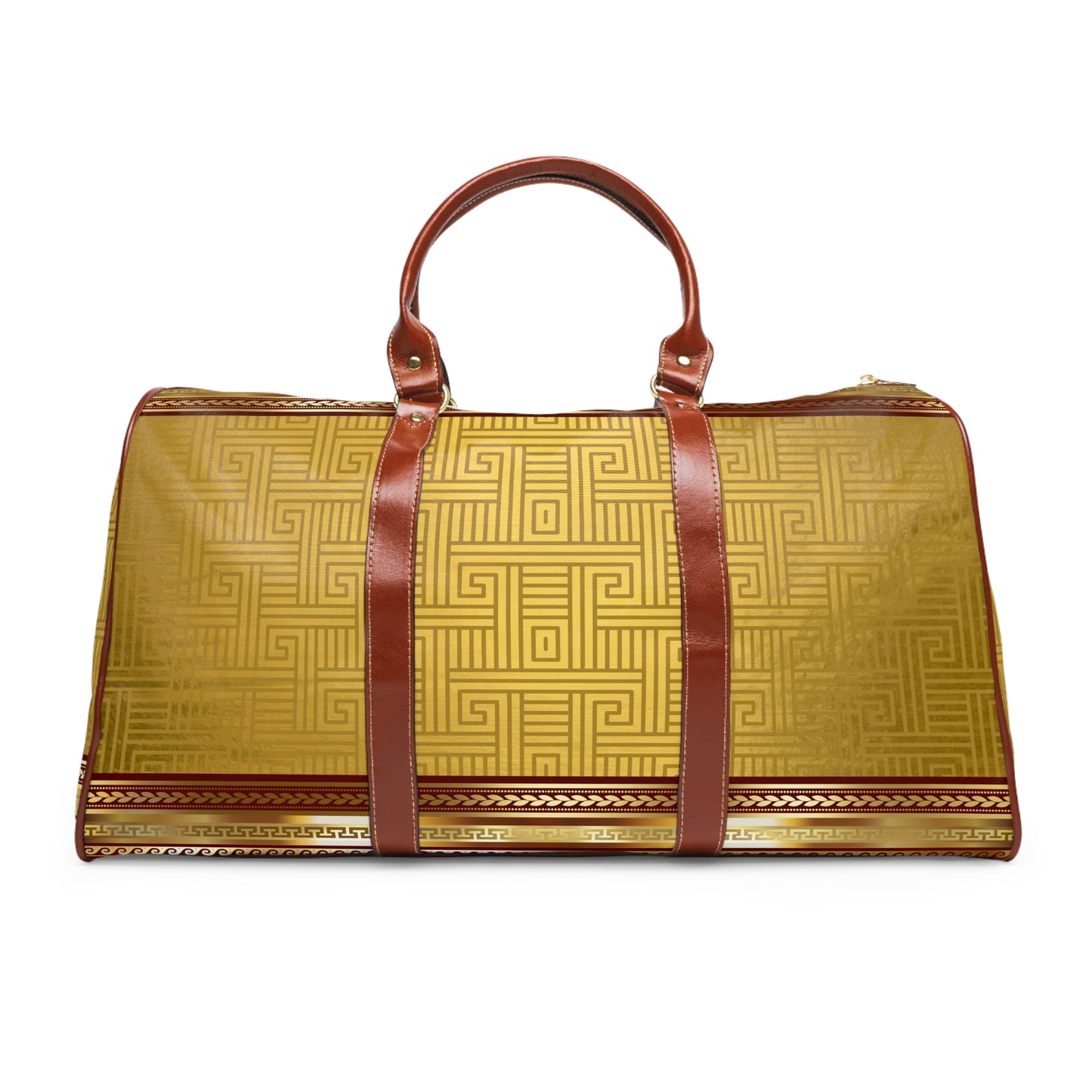 Gold Greek Key Maroon Trim Waterproof Travel Bag