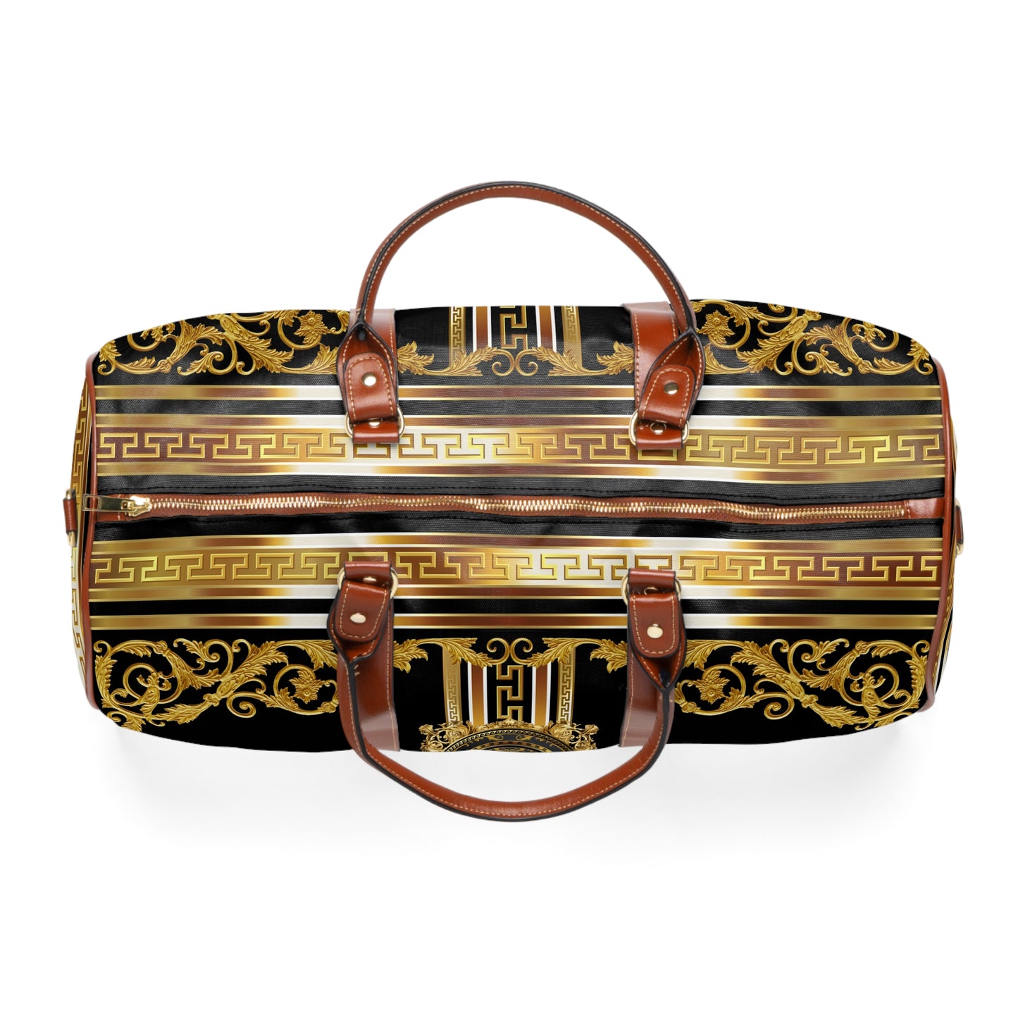 Baroque Ornate Gold Greek Key Black Waterproof Travel Bag