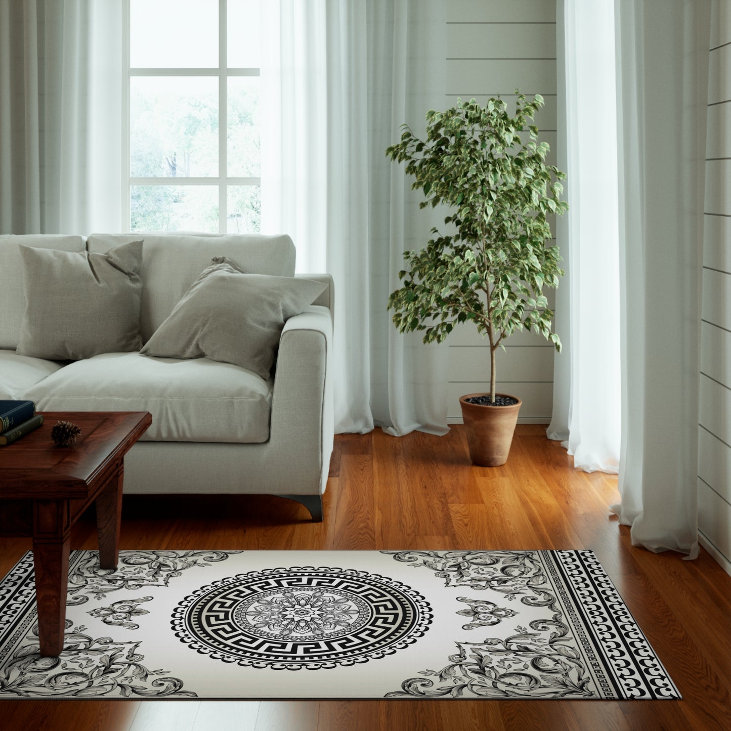 Cream Black Floral Ornate Baroque Greek Key Dornier Rug