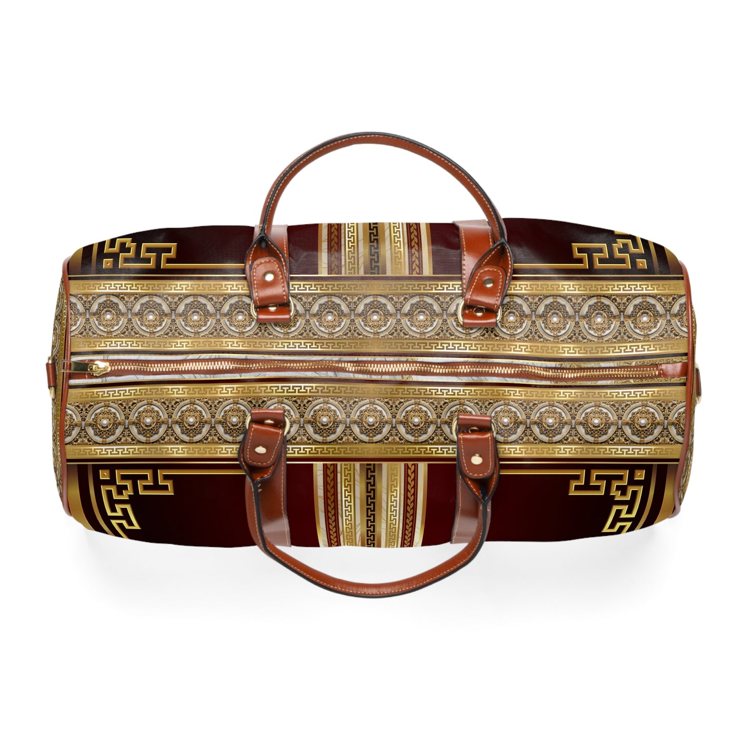 Maroon Gold Cream Large Greek Keys Waterproof Travel Bag