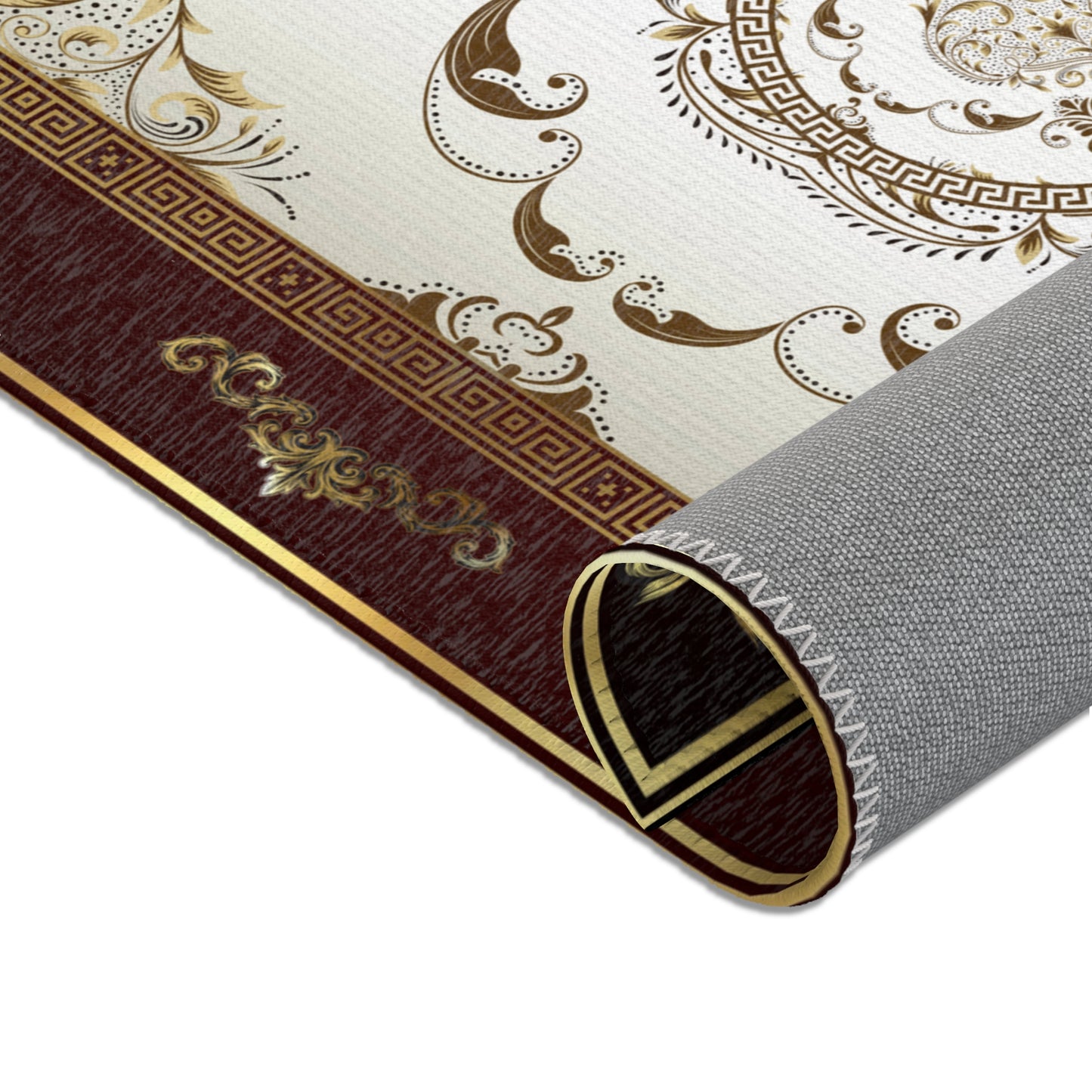 Maroon Khaki Foral Greek Key Area Rugs