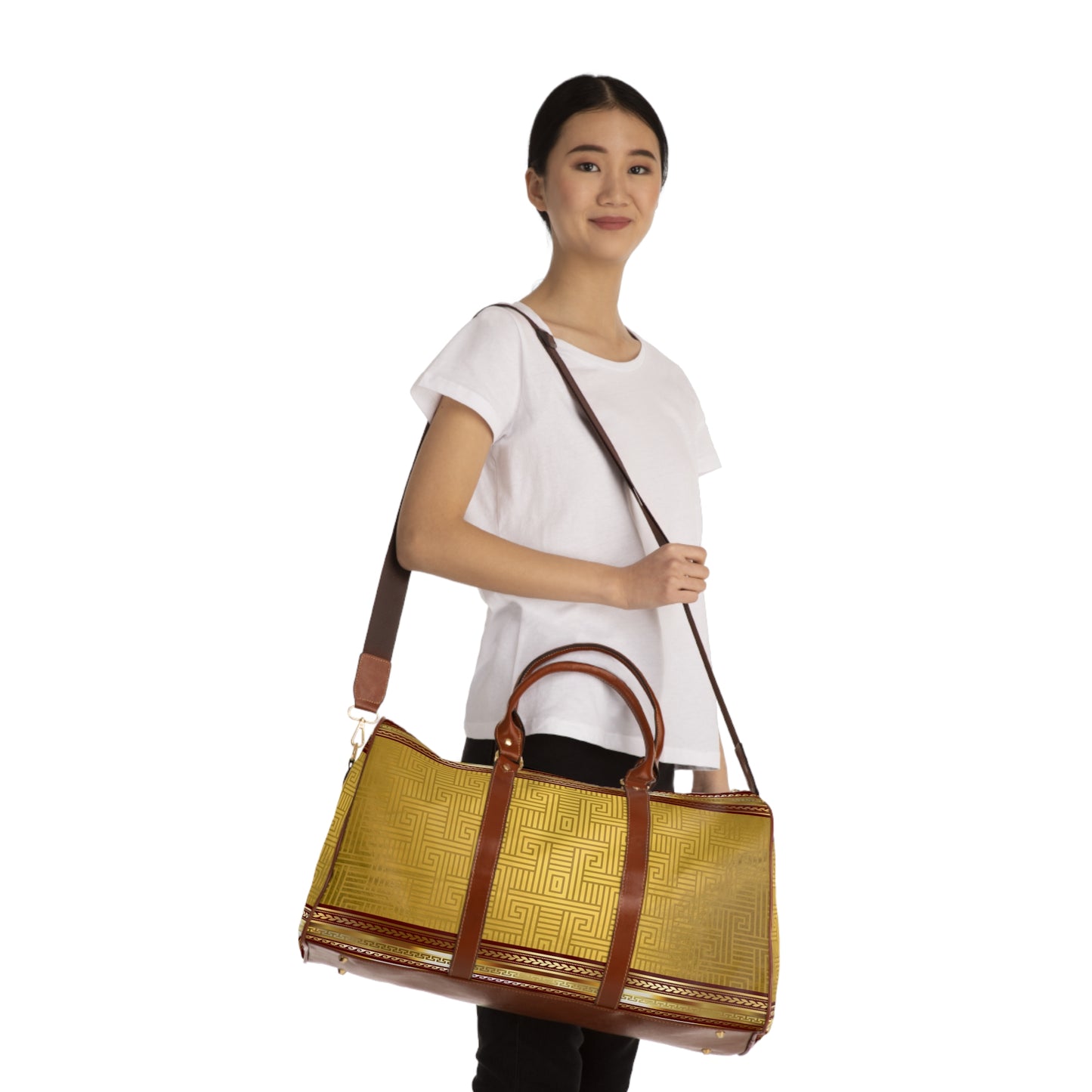 Gold Greek Key Maroon Trim Waterproof Travel Bag