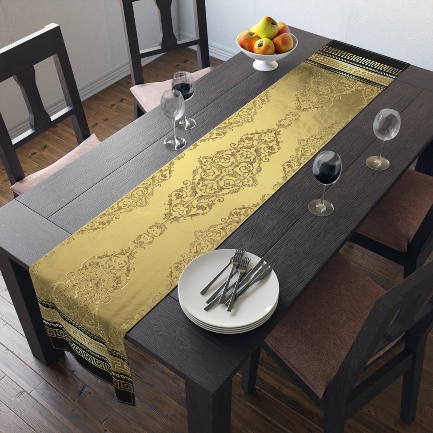 Greek Key Ornate Baroque Gold Black Table Runner (Cotton, Poly)