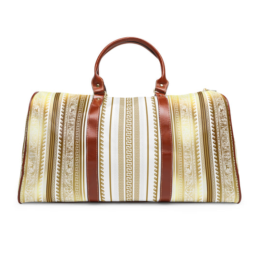 Greek Key Gold White Brown Waterproof Travel Bag