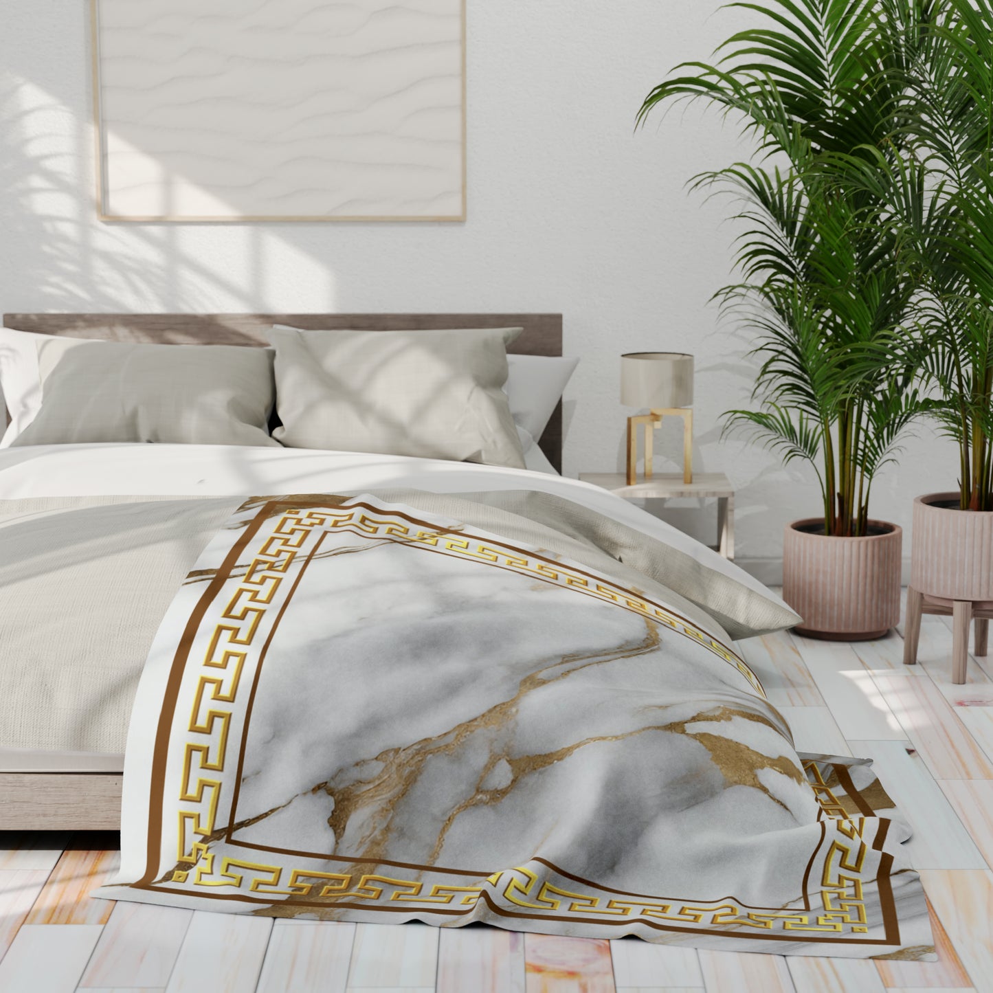 Greek Key Gold White Marbleized Arctic Fleece Blanket