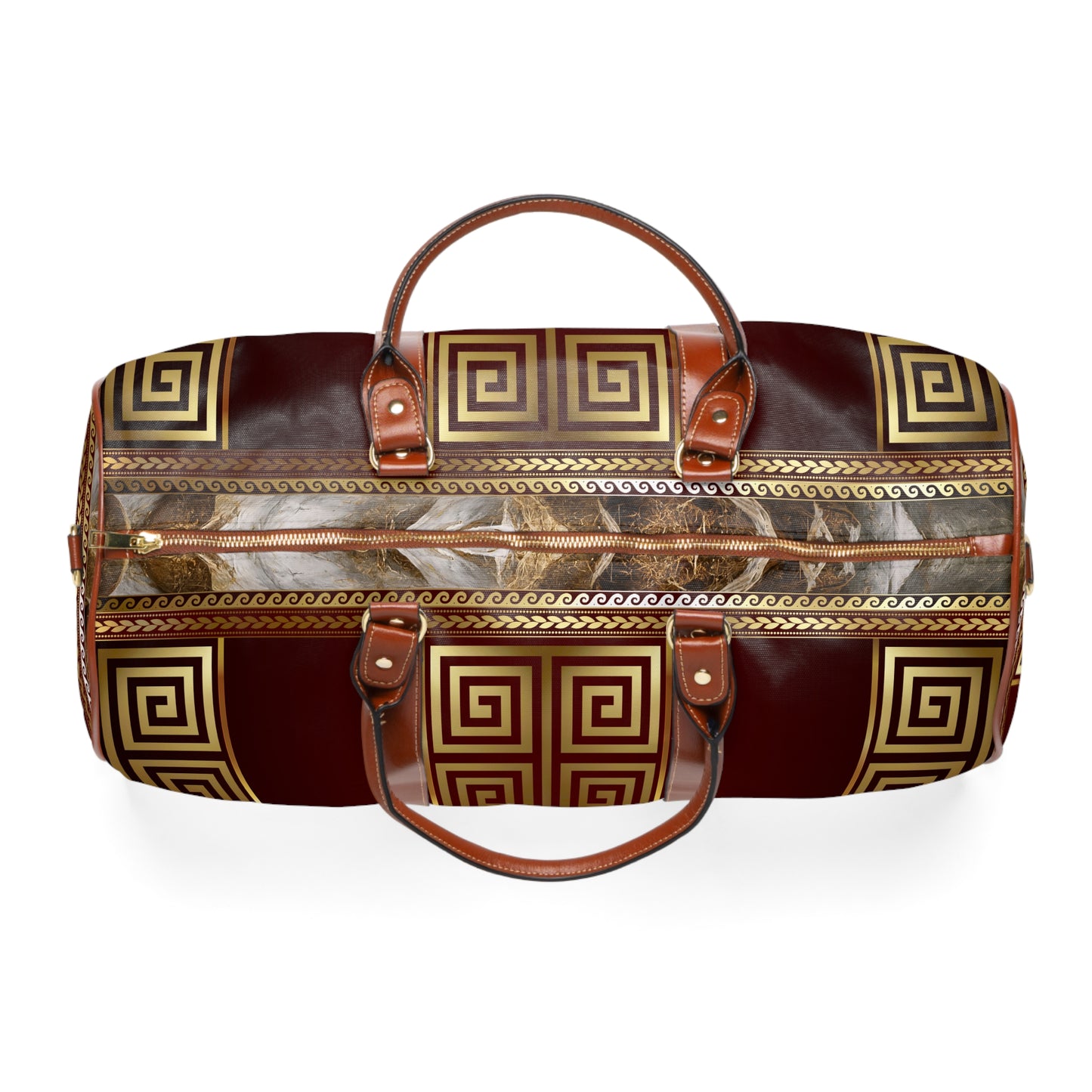 Maroon Gold Black Large Greek Key Waterproof Travel Bag