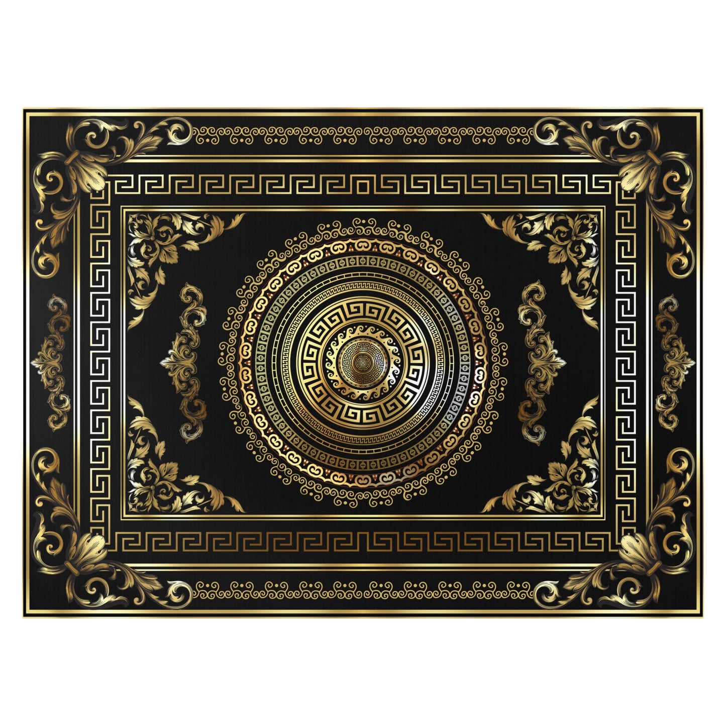 Ornate Baroque Greek Key Medallion Black Gold Dornier Rug