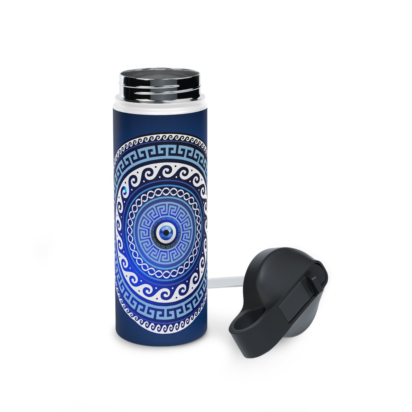 Mati Evil Eye Greek Key Blues Stainless Steel Water Bottle, Standard Lid