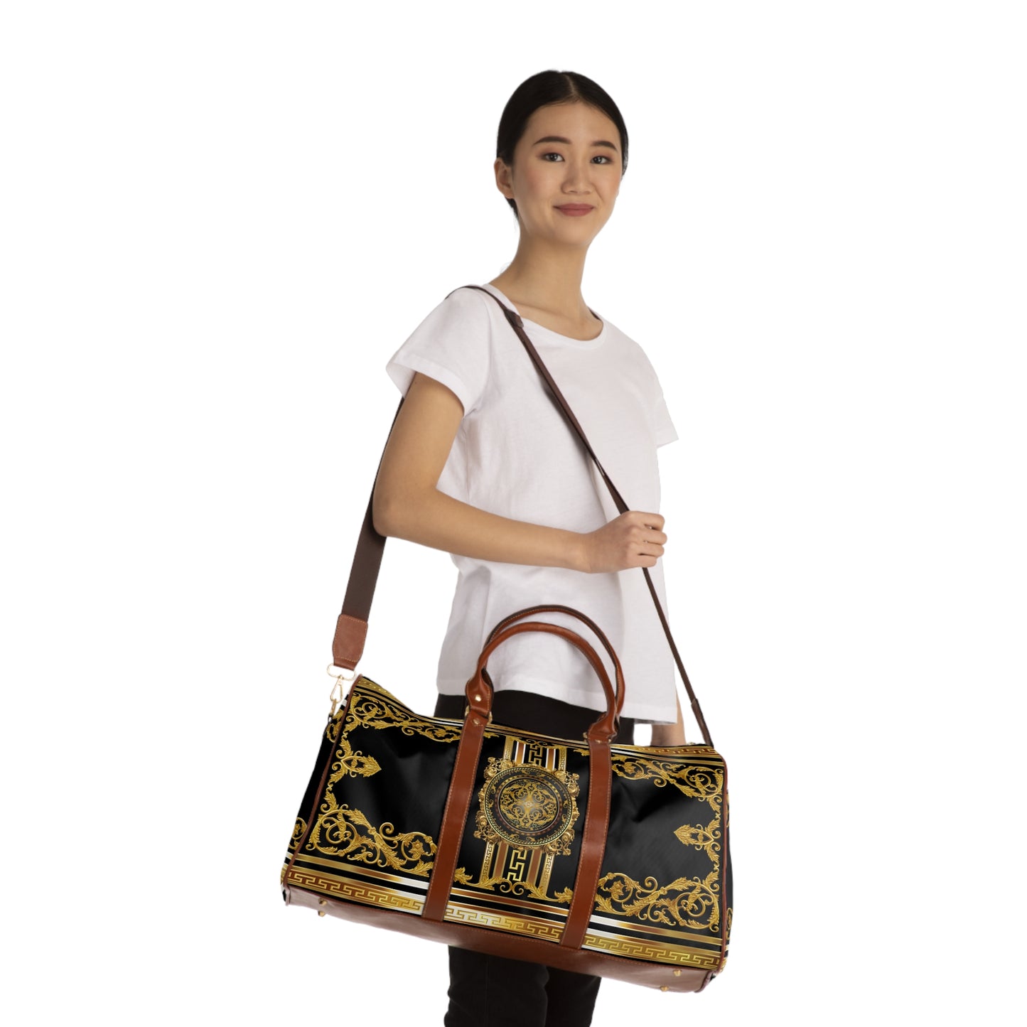 Baroque Ornate Gold Greek Key Black Waterproof Travel Bag