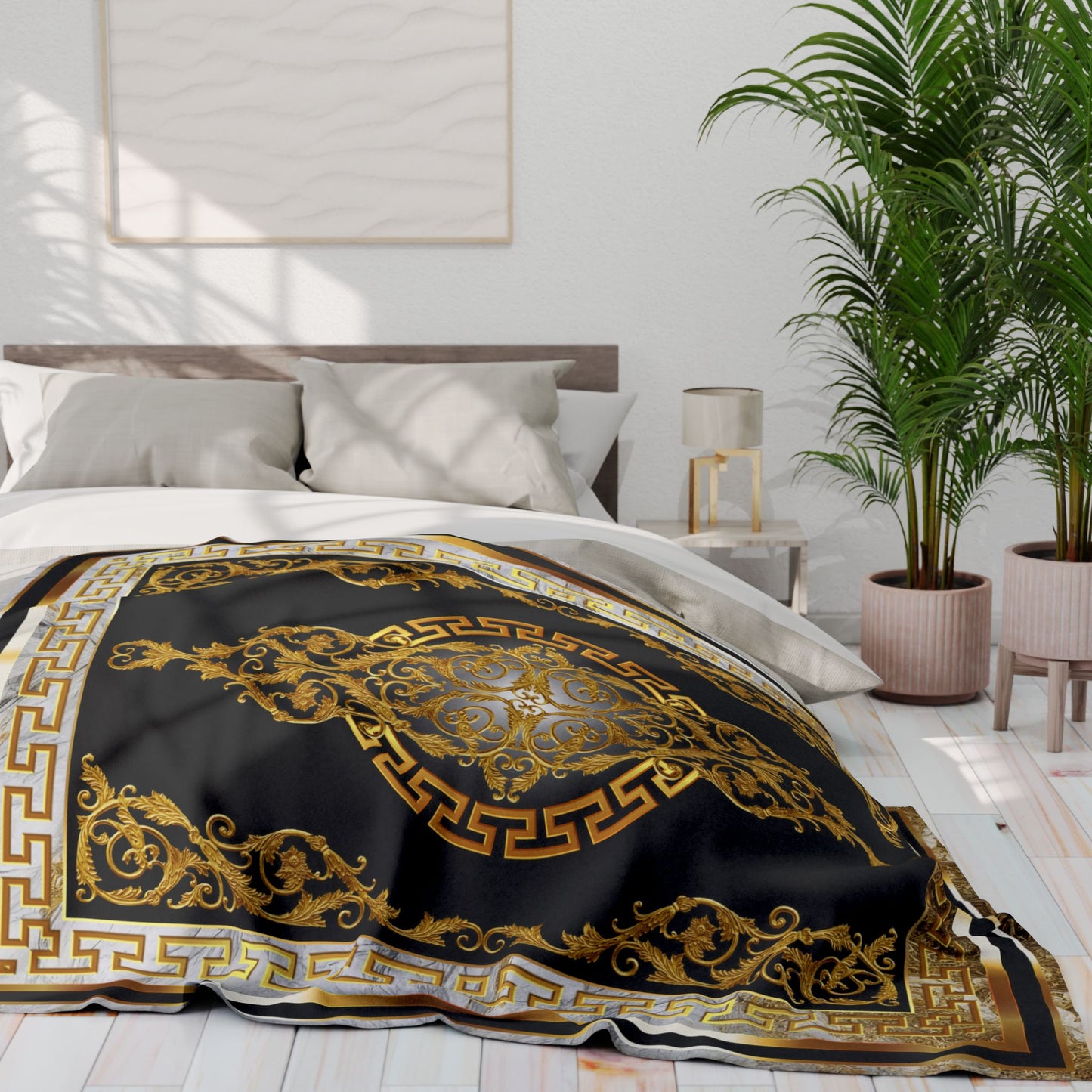 Greek Key Gold Black White Stone Baroque Arctic Fleece Blanket