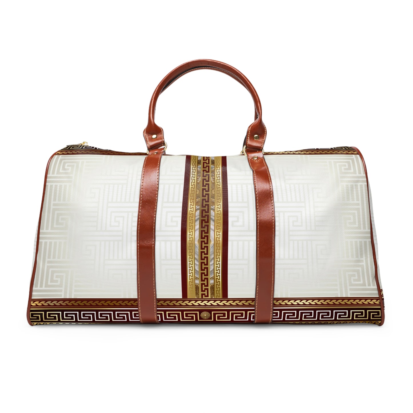 Cream Greek Keys Gold Maroon Waterproof Travel Bag