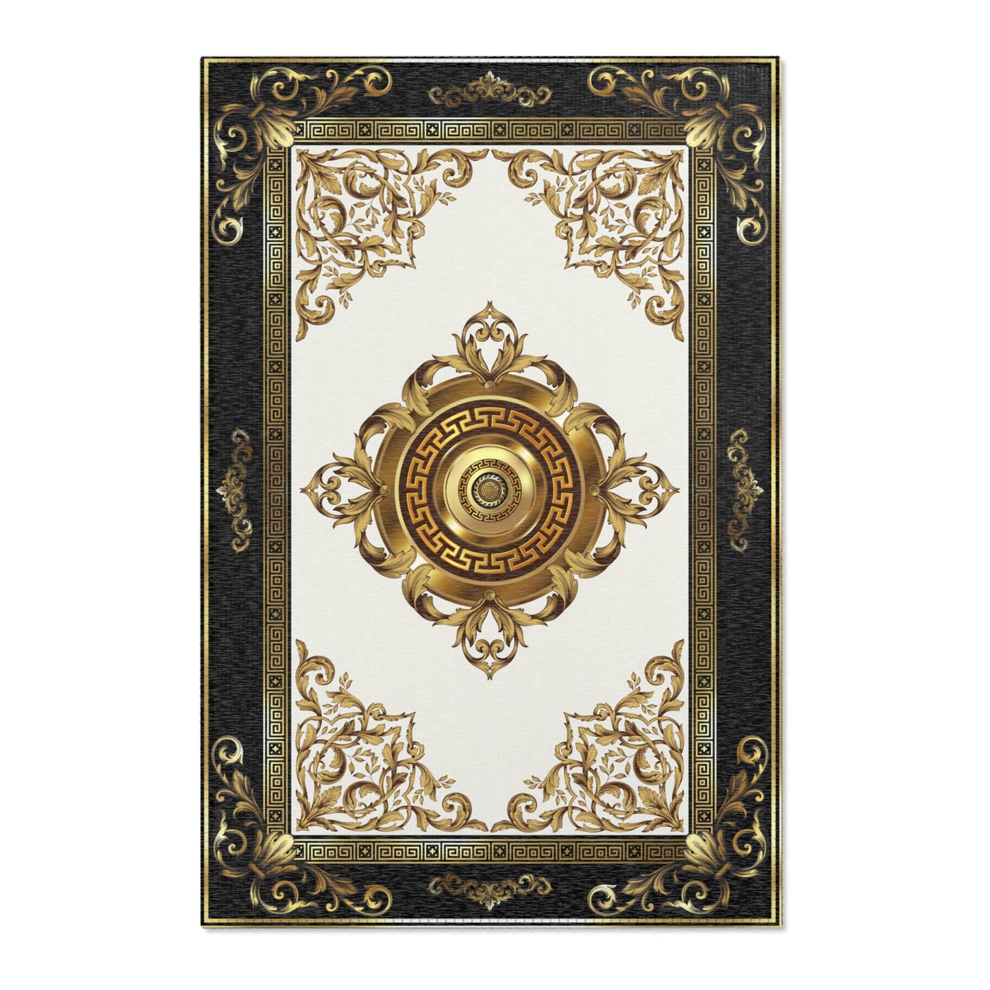 Cream Gold Black Greek Keys Ornate Area Rugs