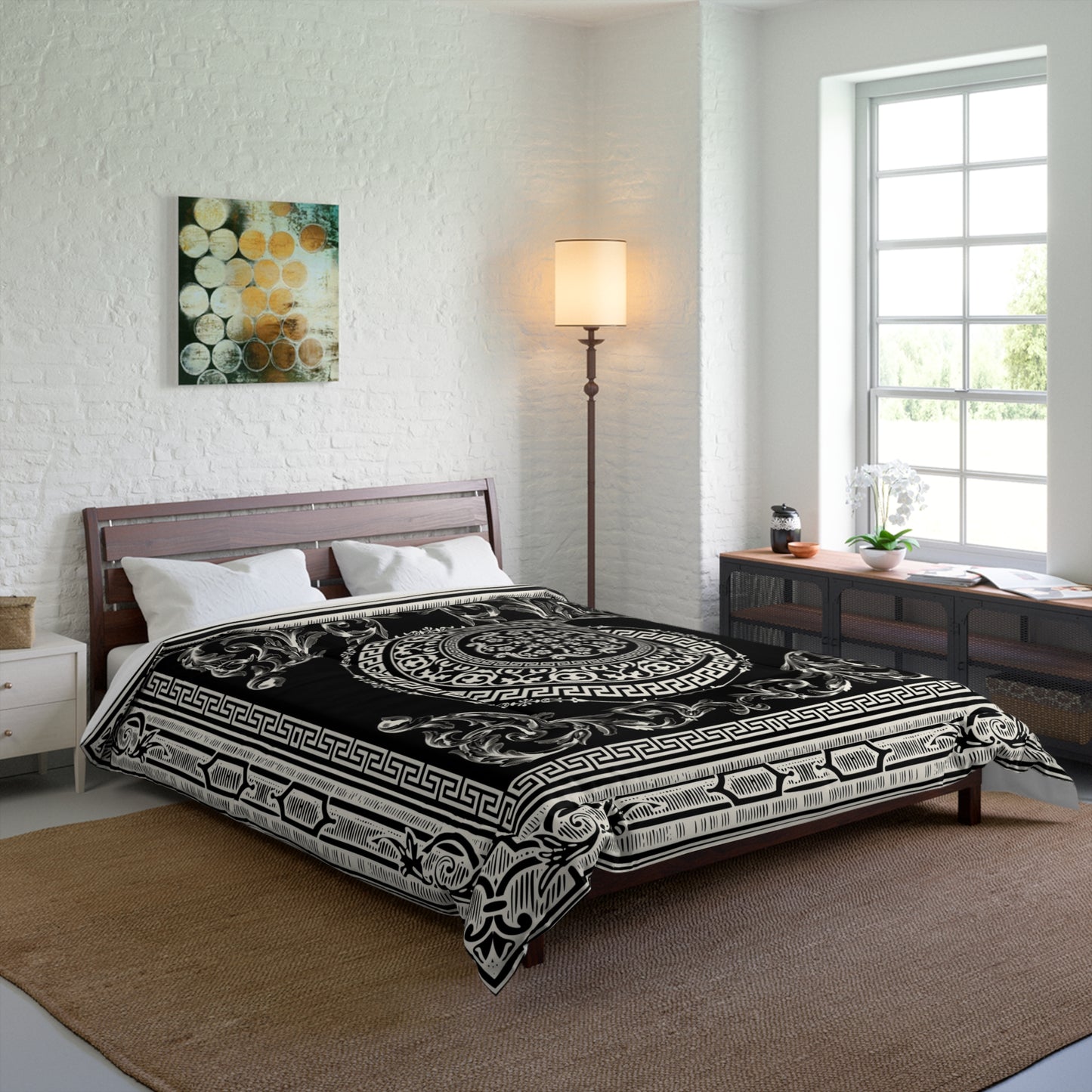 Ornate Baroque Black Antique White Greek Key Comforter