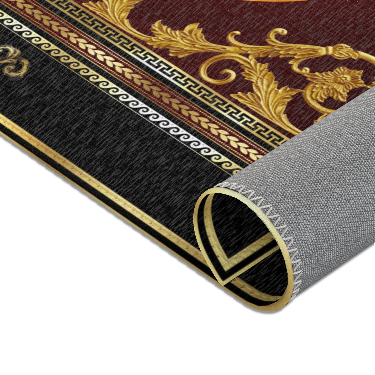 Ornate Baroque Gold Black Maroon Greek Key Area Rugs