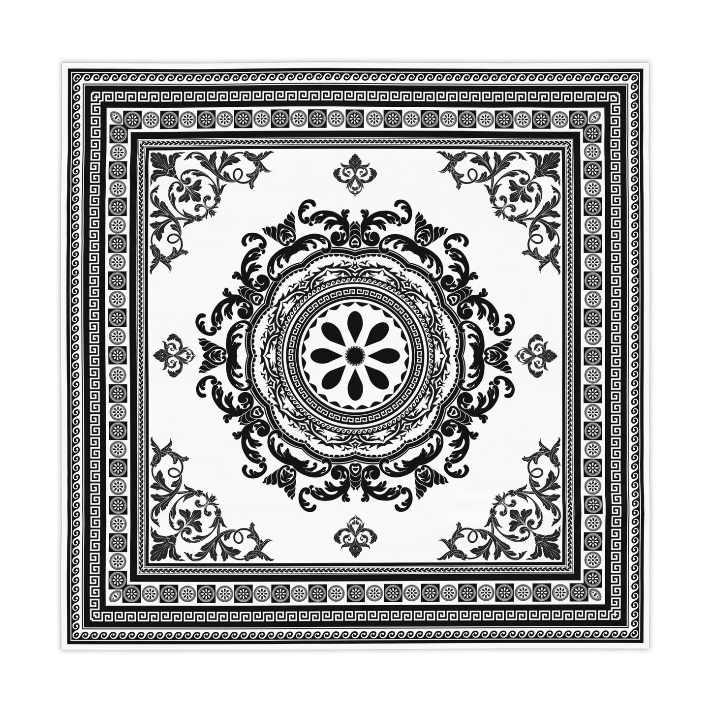 White Black Floral Greek Key Tablecloth