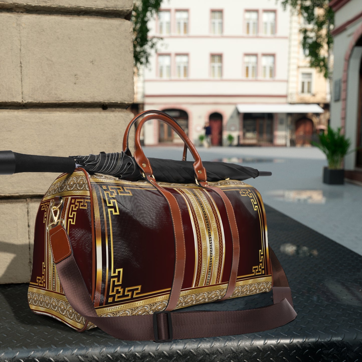 Maroon Gold Cream Large Greek Keys Waterproof Travel Bag