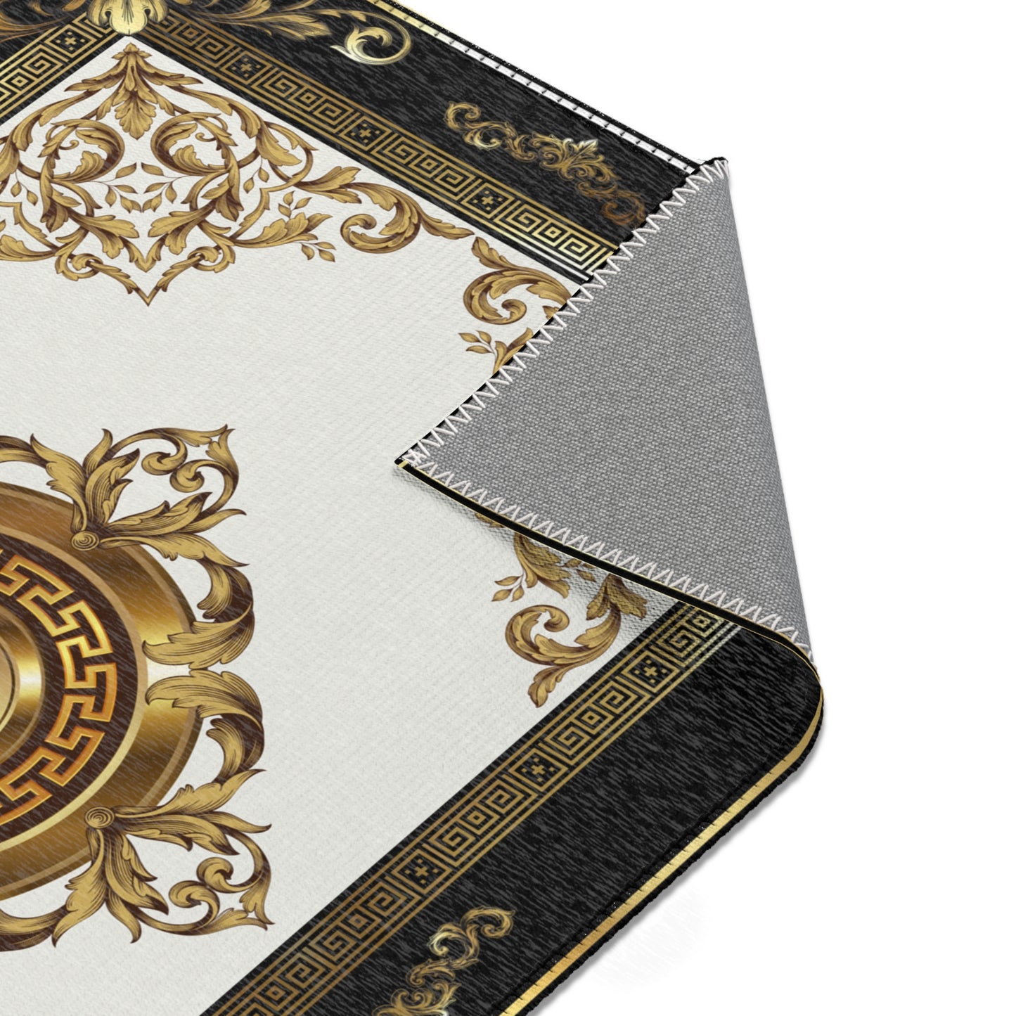 Cream Gold Black Greek Keys Ornate Area Rugs