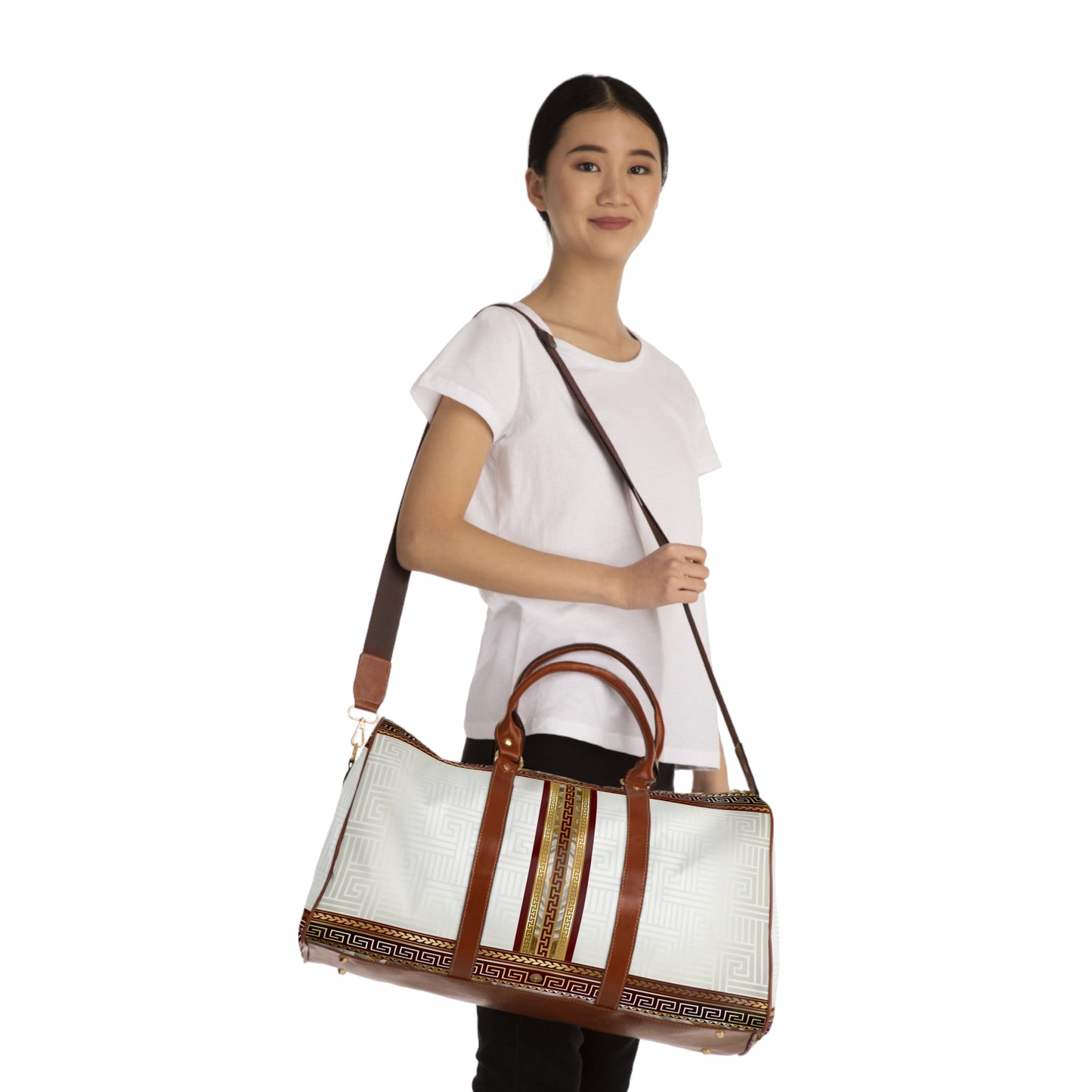 Cream Greek Keys Gold Maroon Waterproof Travel Bag