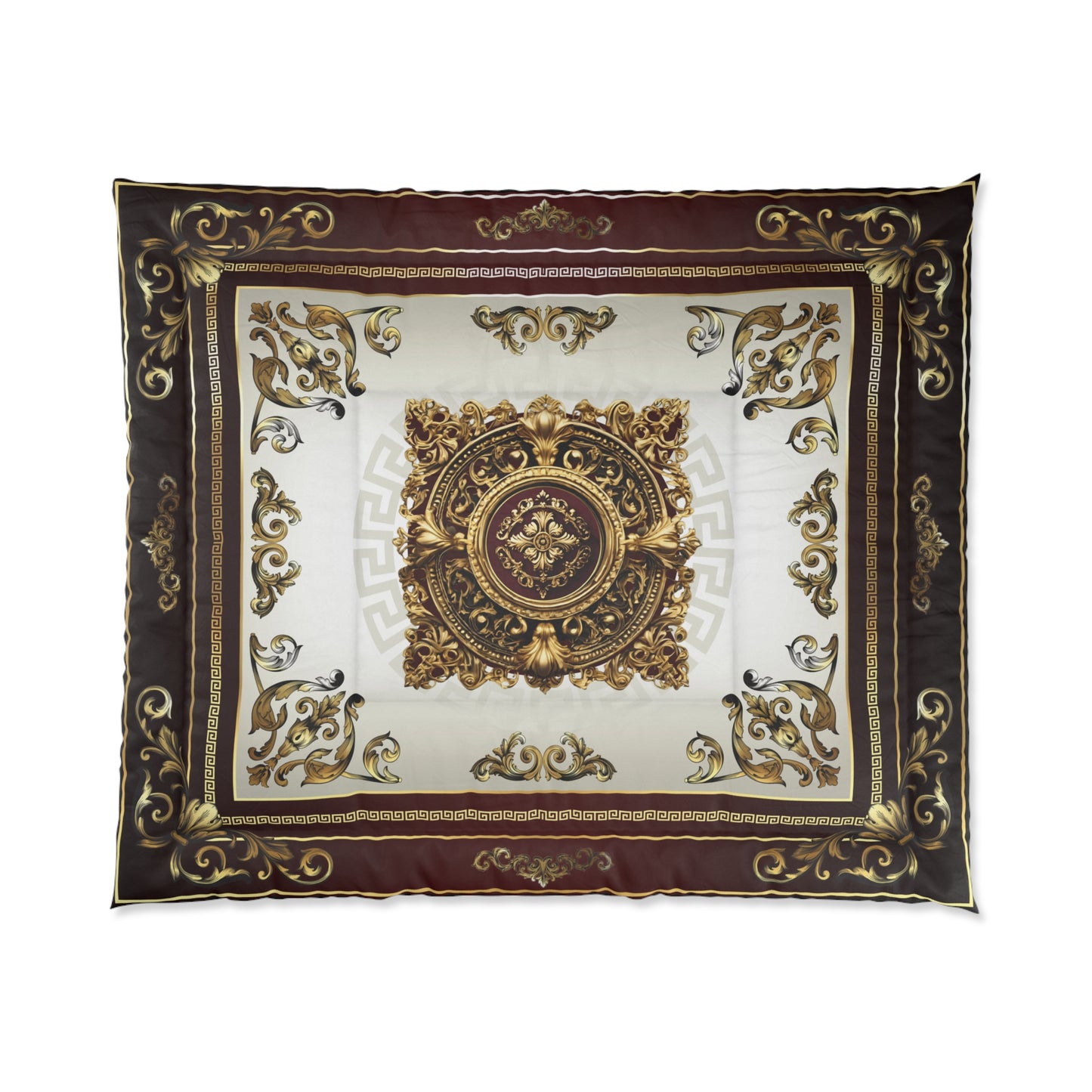 Greek Key Gold Maroon Cream Ornate Comforter