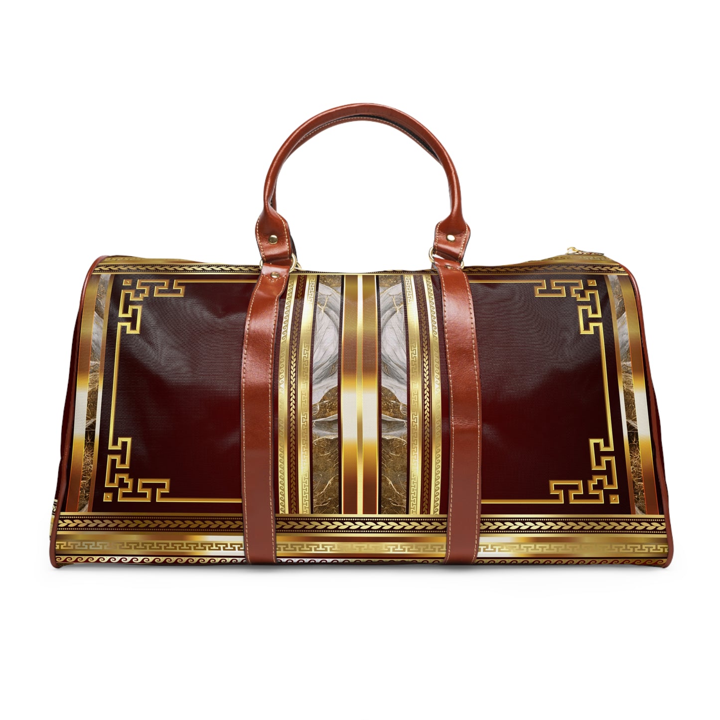 Greek Key Gold Maroon Stone Pattern Waterproof Travel Bag