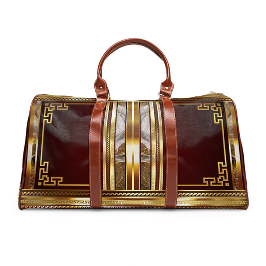 Greek Key Gold Maroon Stone Pattern Waterproof Travel Bag