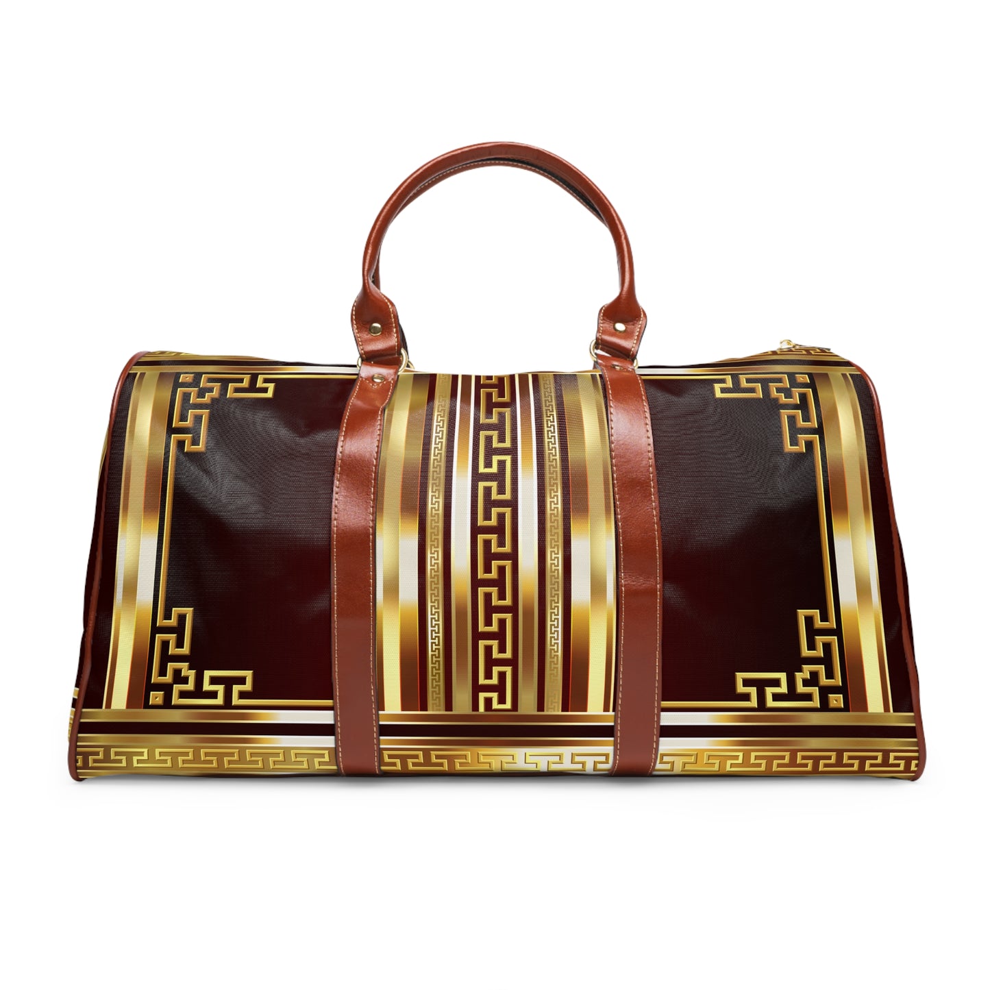 Gold Greek Keys Maroon Waterproof Travel Bag