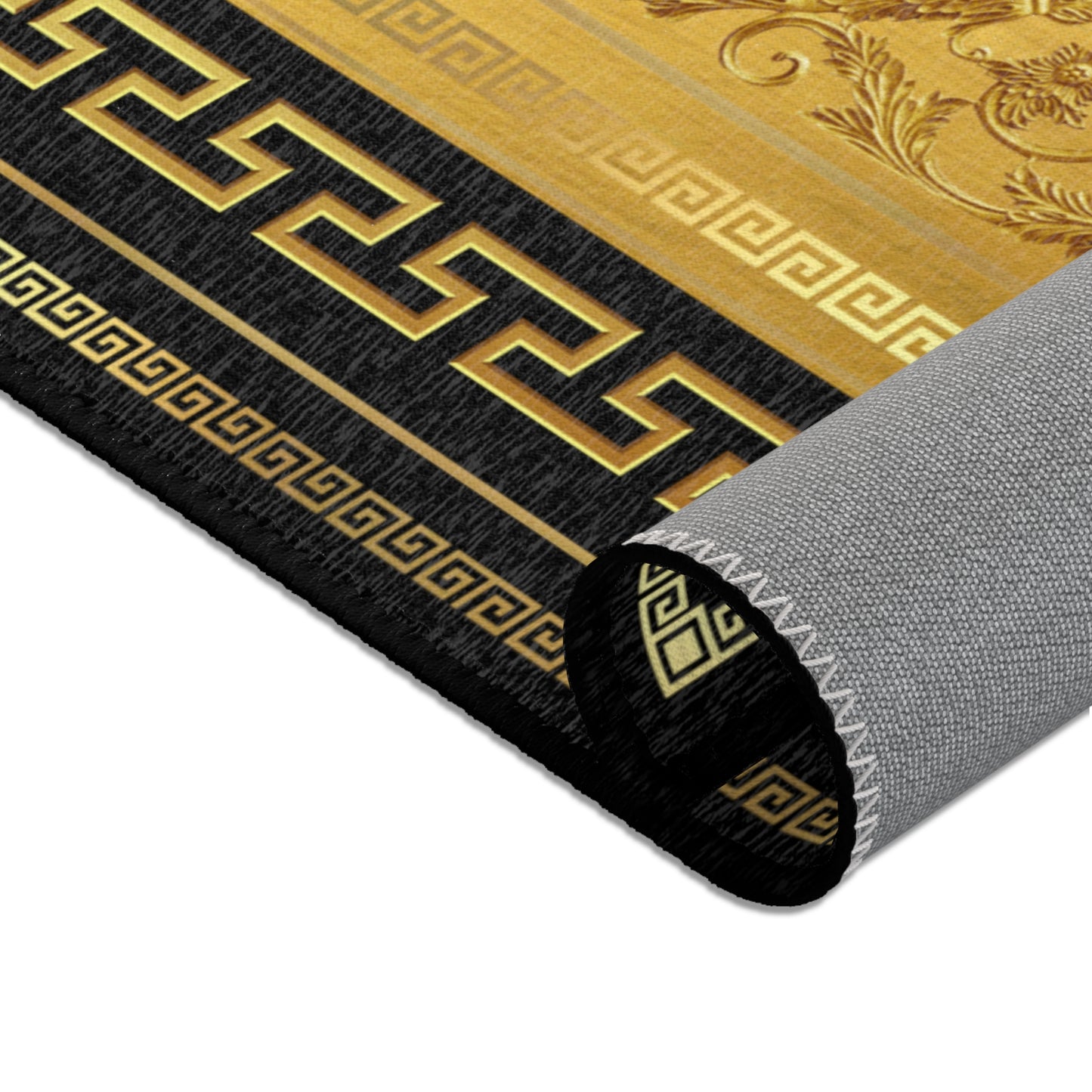 Baroque Gold Black Greek Key Ornate Area Rugs