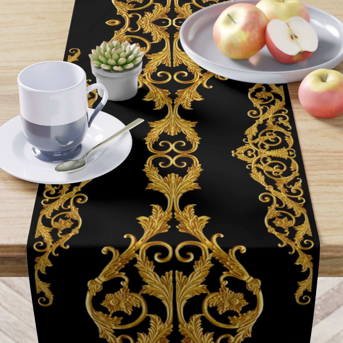 Black Gold Greek Key Ornate Baroque Table Runner