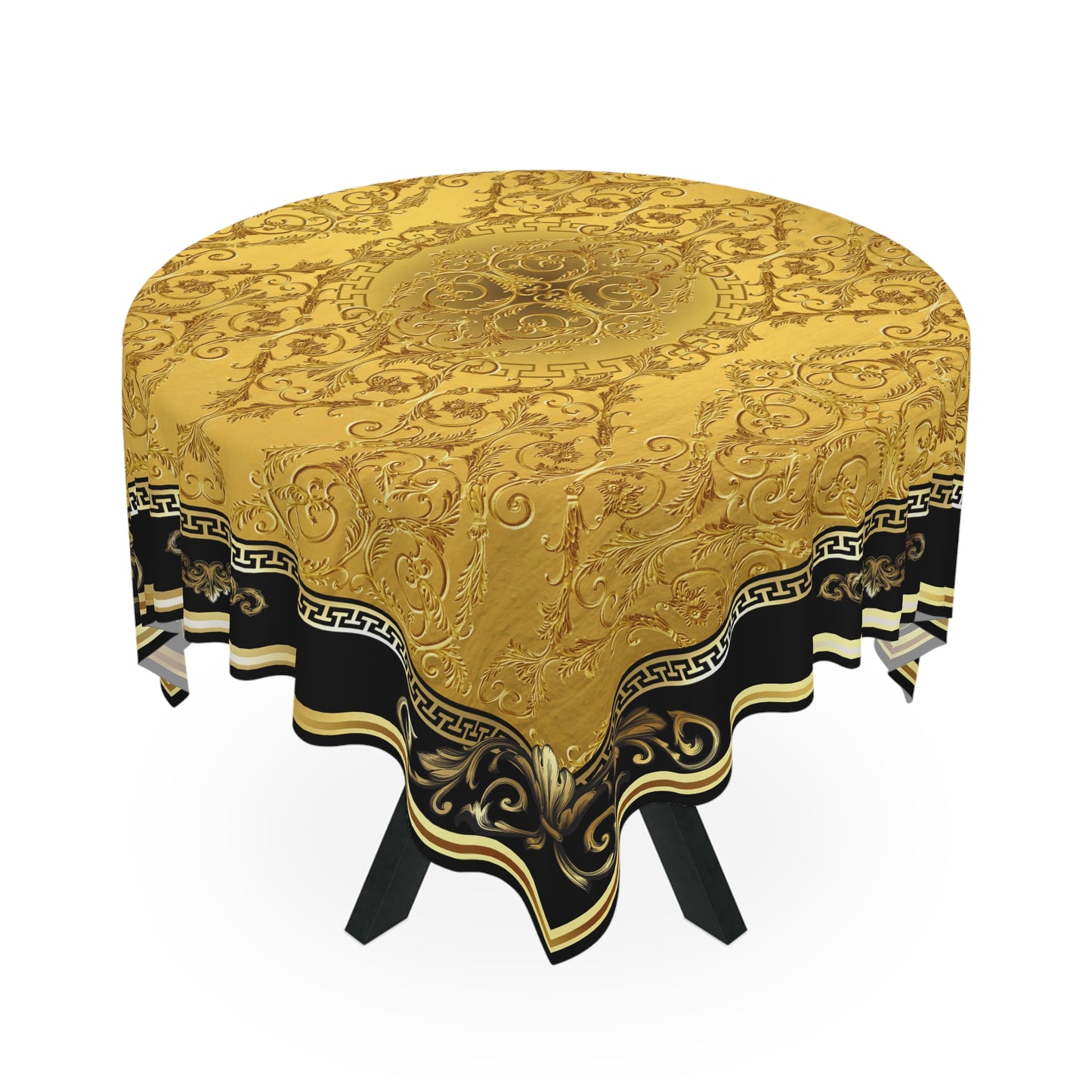 Gold Ornate Baroque Greek Key Black Tablecloth