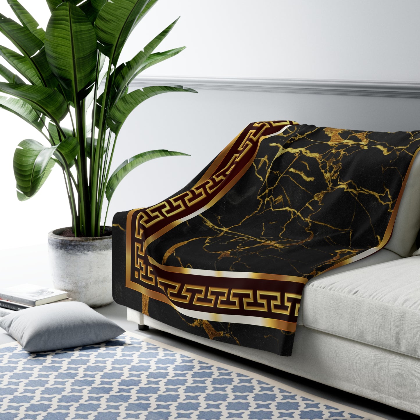 Gold Greek Key Maroon Black Gold Stone Sherpa Fleece Blanket