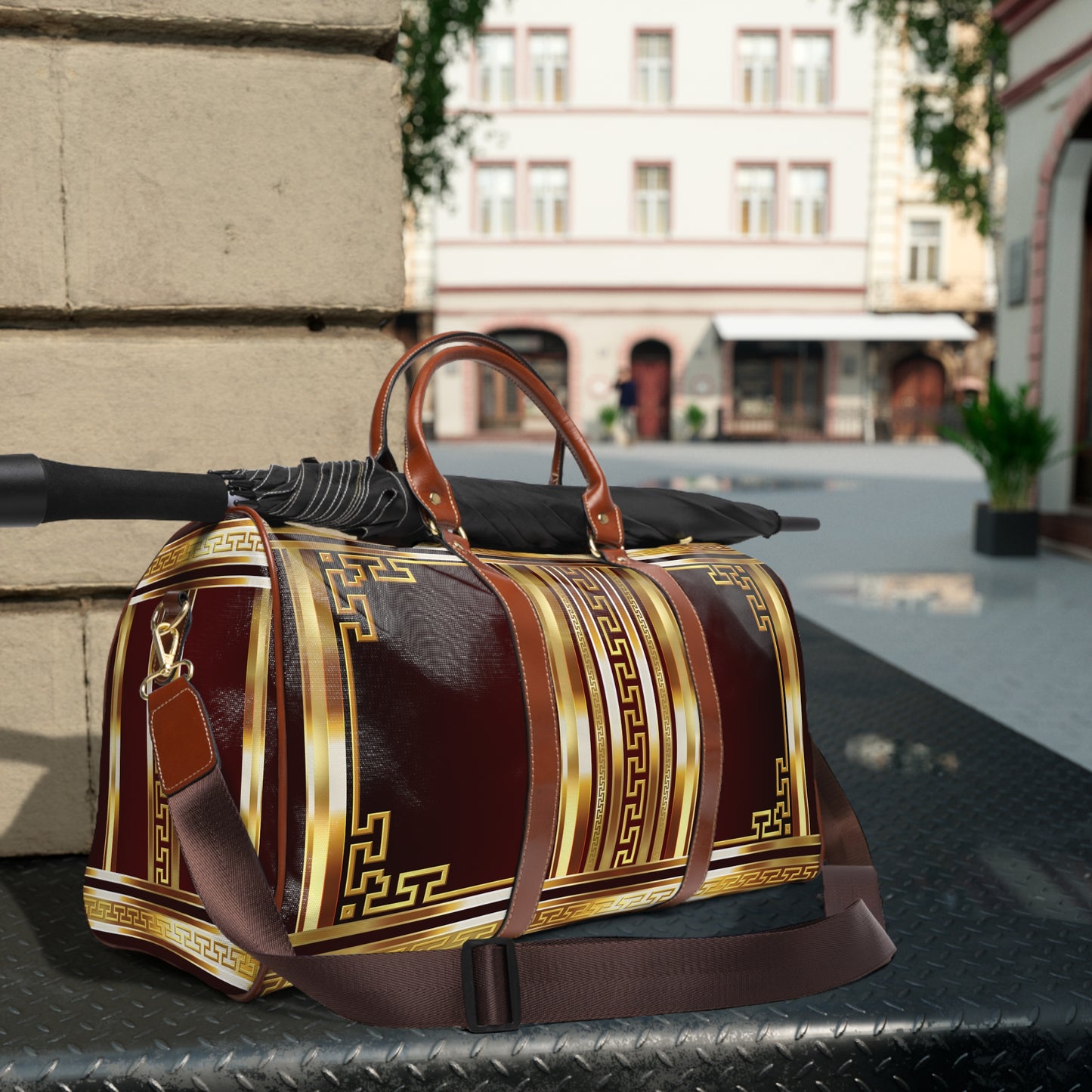 Gold Greek Keys Maroon Waterproof Travel Bag