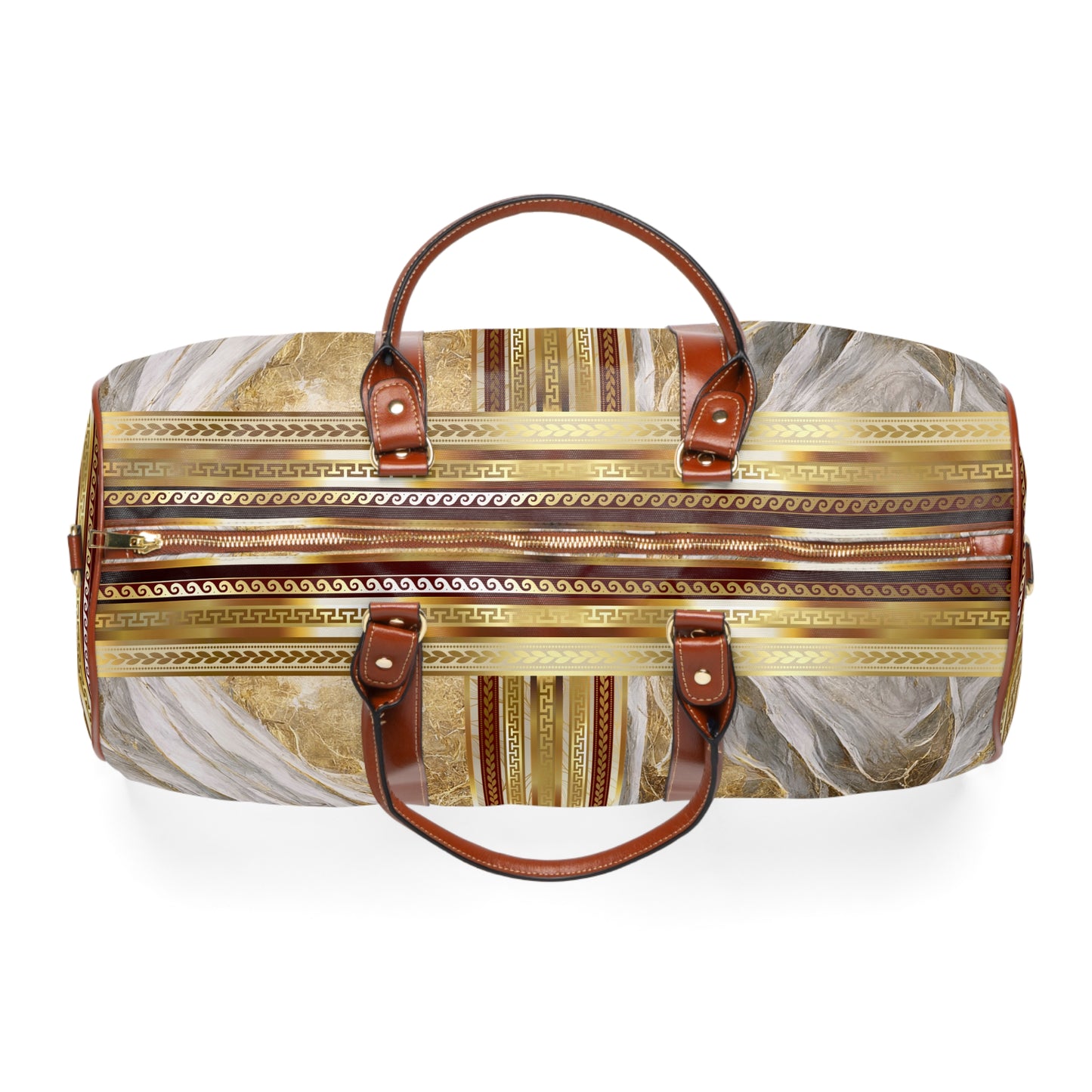 Marbleized Gold White Maroon Greek Keys Waterproof Travel Bag