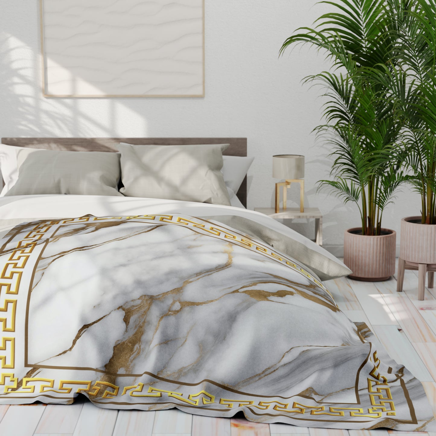 Greek Key Gold White Marbleized Arctic Fleece Blanket