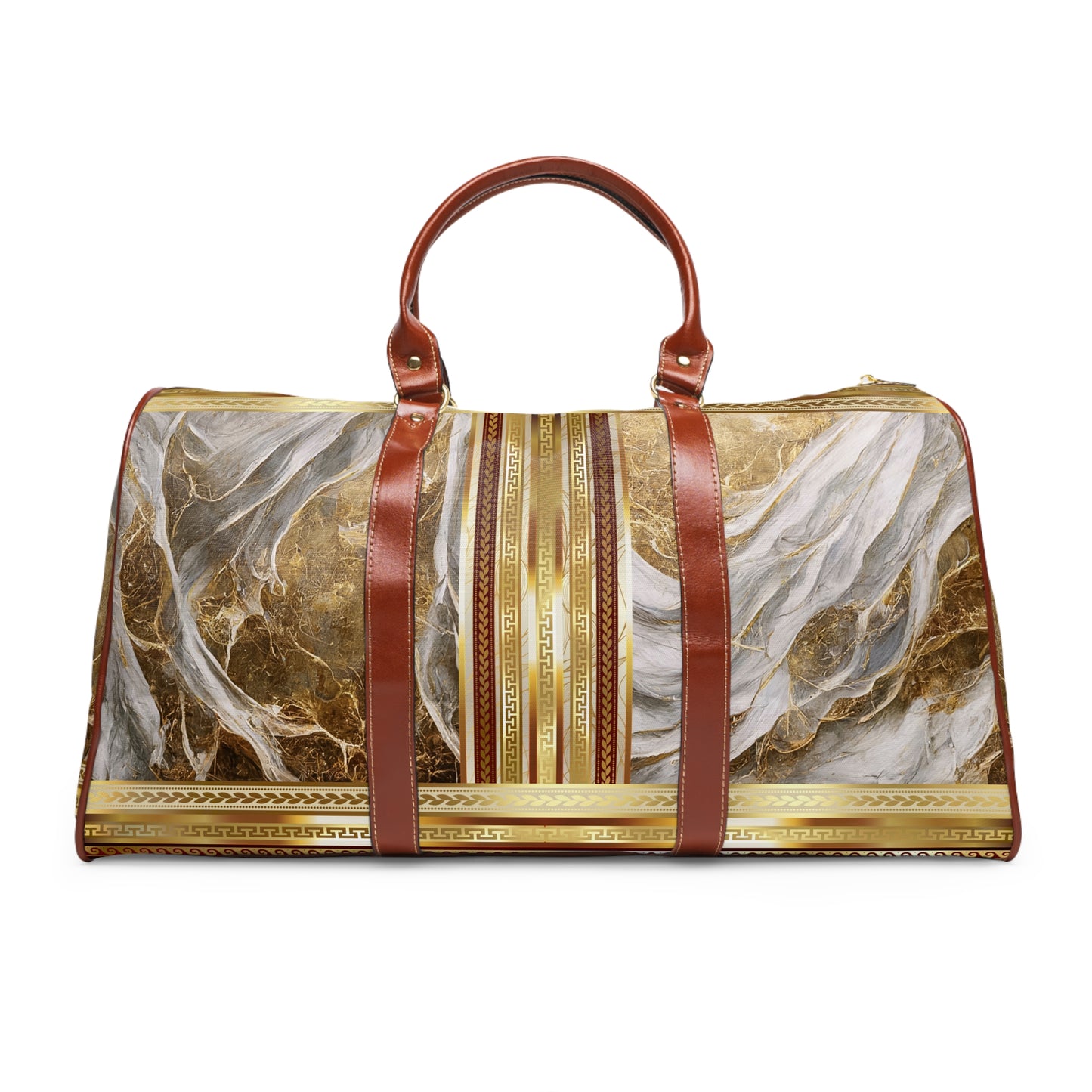Marbleized Gold White Maroon Greek Keys Waterproof Travel Bag