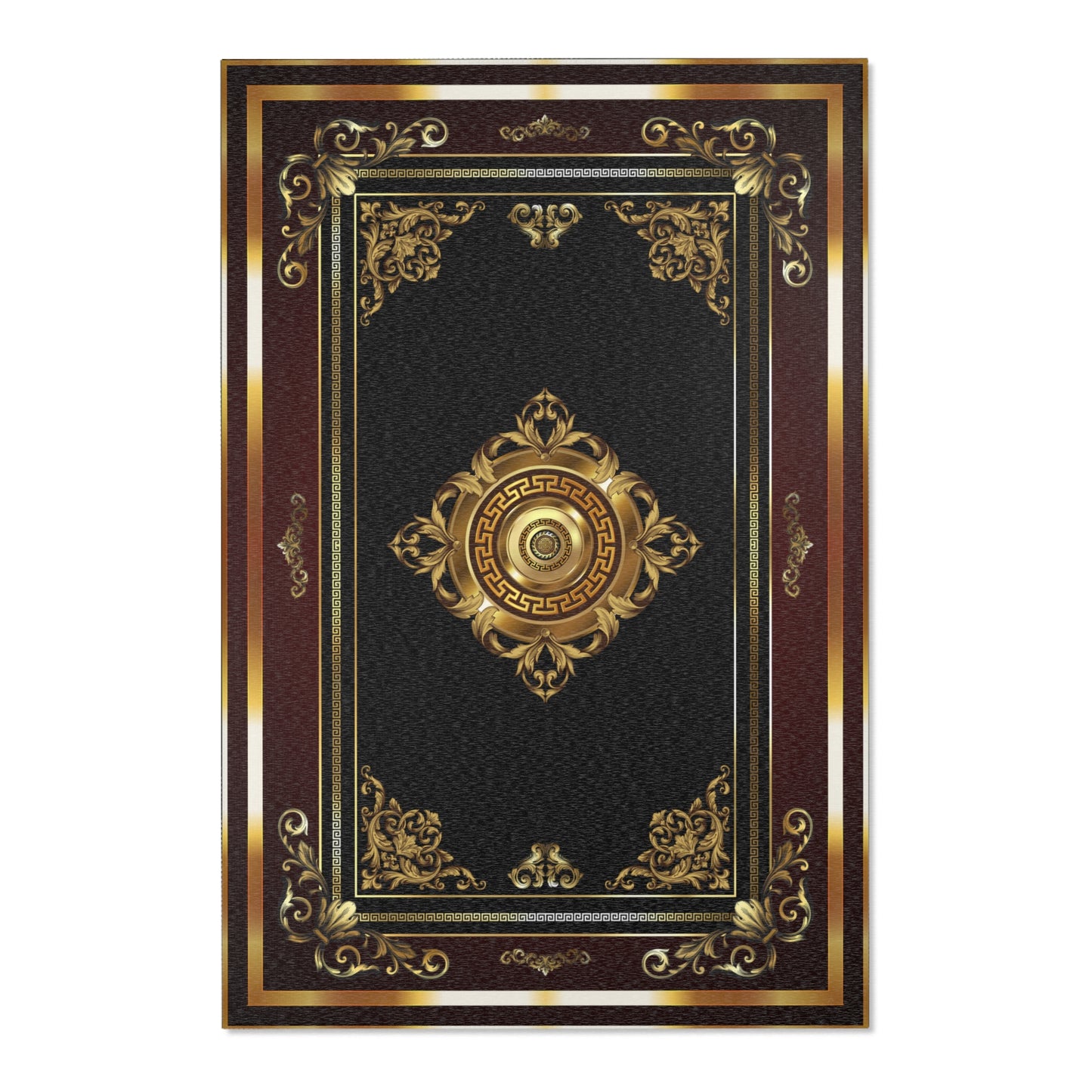 Baroque Gold Black Maroon Greek Key Ornate Area Rugs