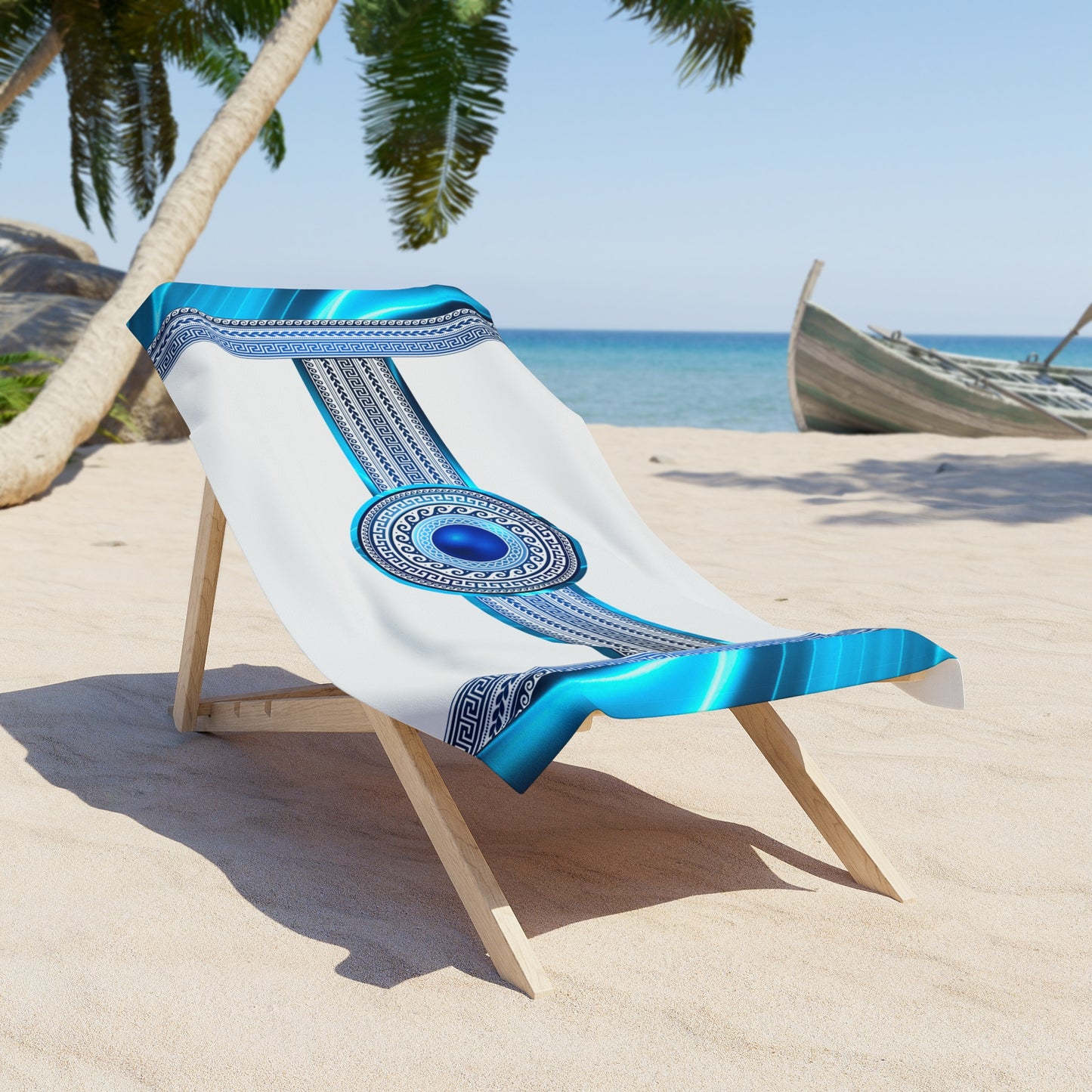 Greek Key White Blue Swirls Mati Beach Towel