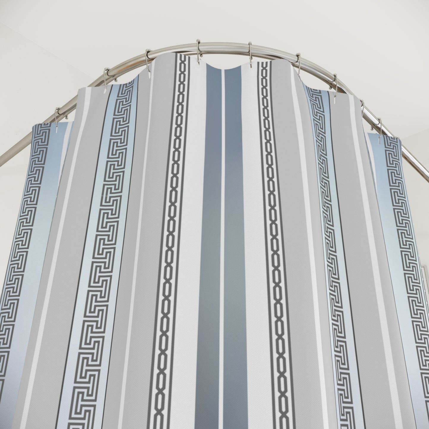 Greek Key Silver White Gray Polyester Shower Curtain