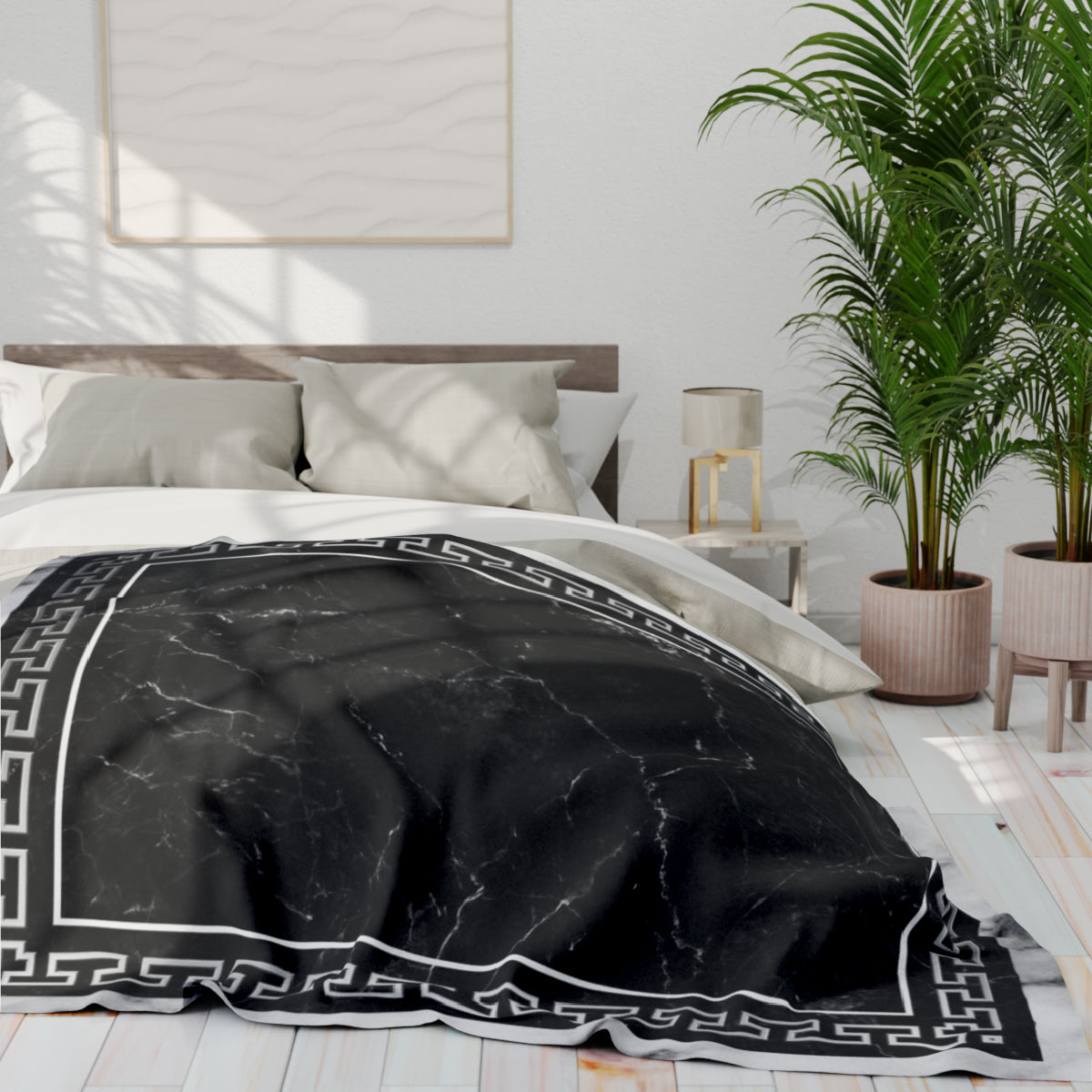 Greek Key Gray Black White Marbleized Arctic Fleece Blanket