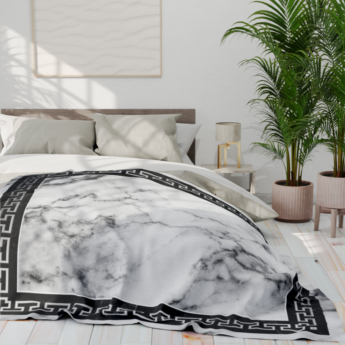 Greek Key White Black Marbleized Arctic Fleece Blanket
