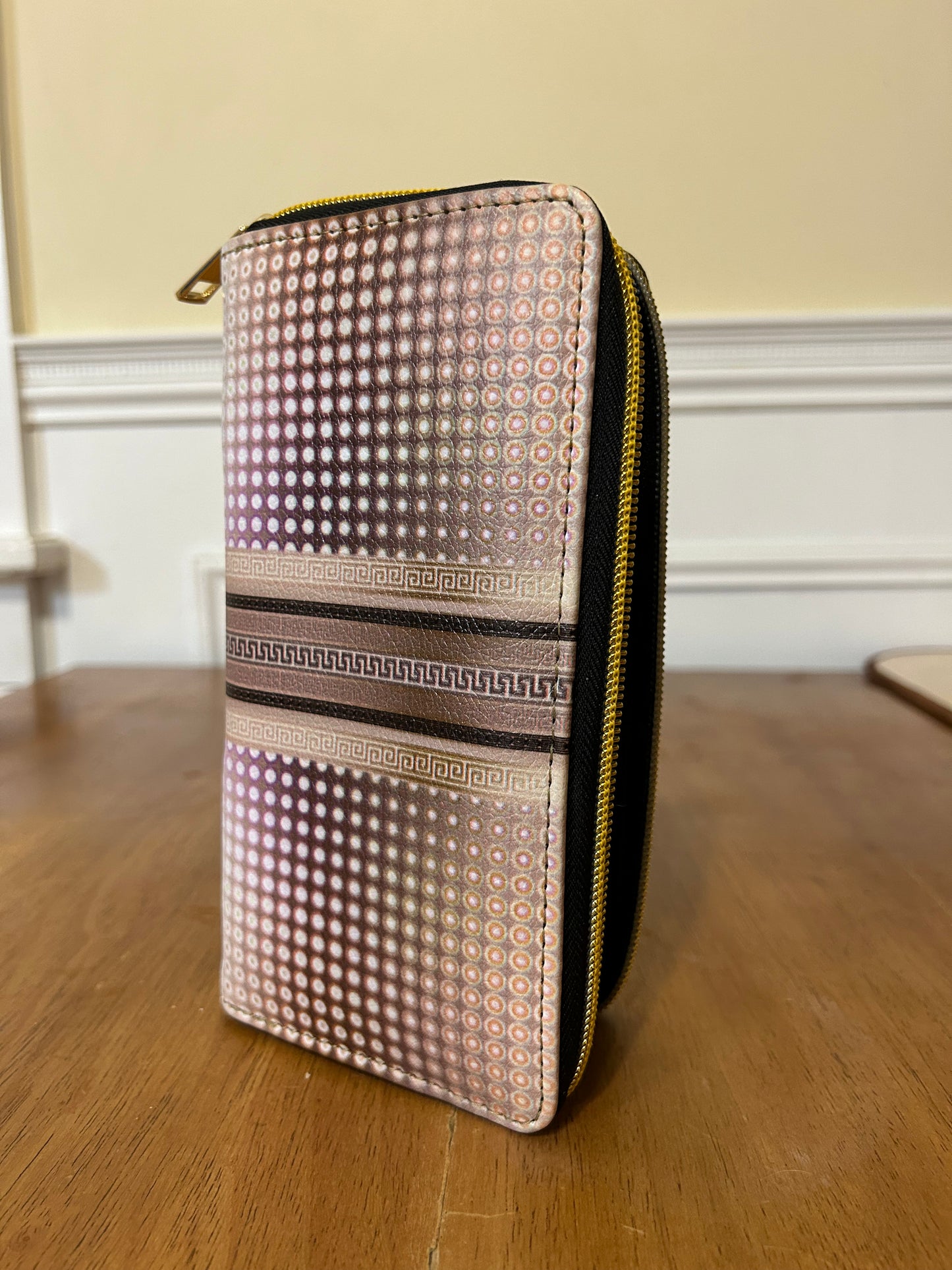 Greek Key Bronze Circles Zipper Vegan Leather Wallet