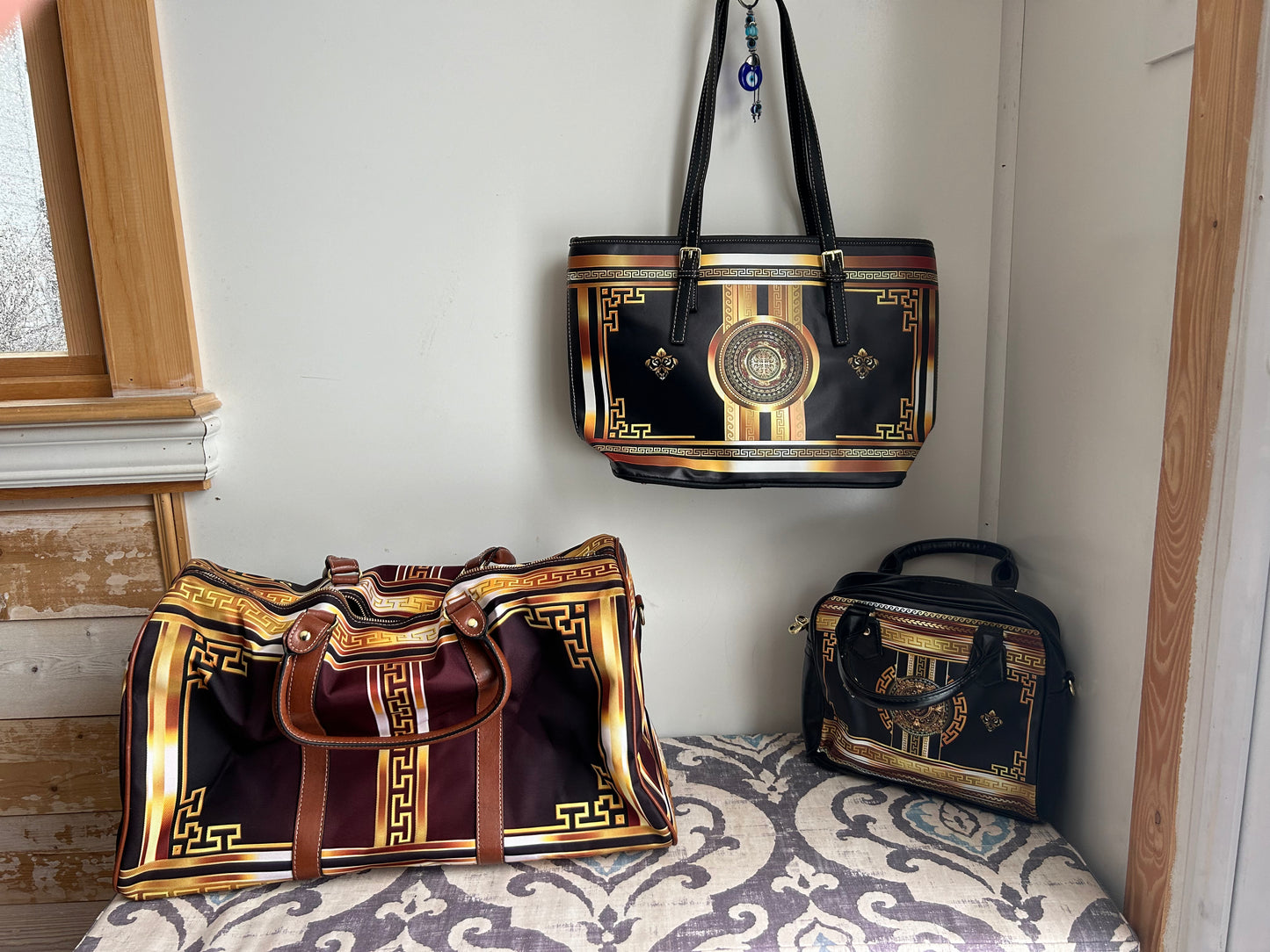 Baroque Ornate Gold Greek Key Black Waterproof Travel Bag