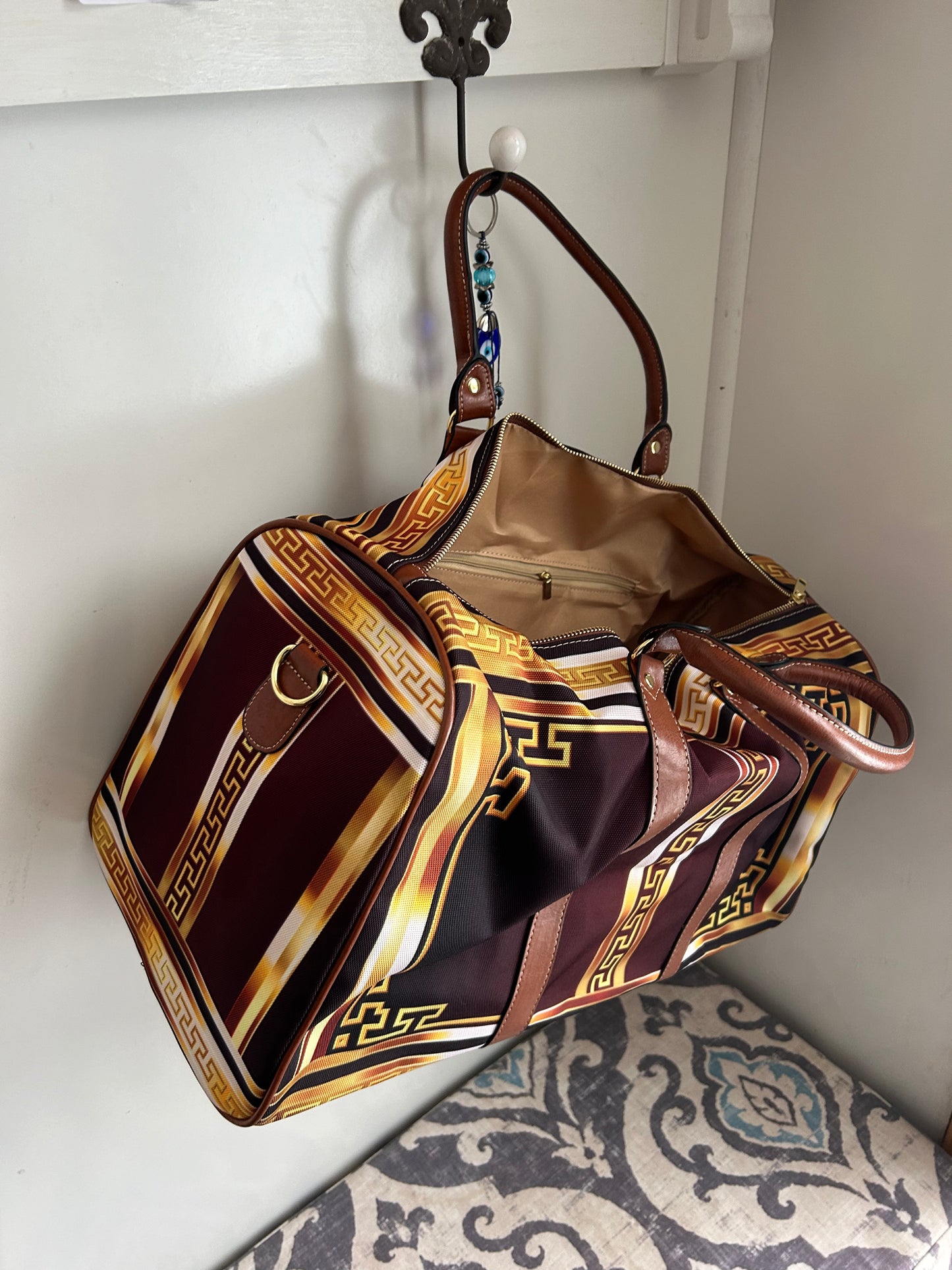 Baroque Ornate Gold Greek Key Black Waterproof Travel Bag