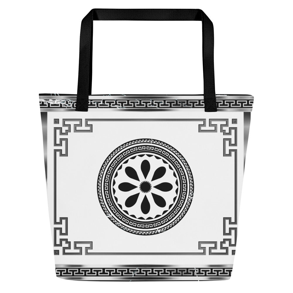 Greek Key Silver White Black Flower Tote Bag w/ Pocket