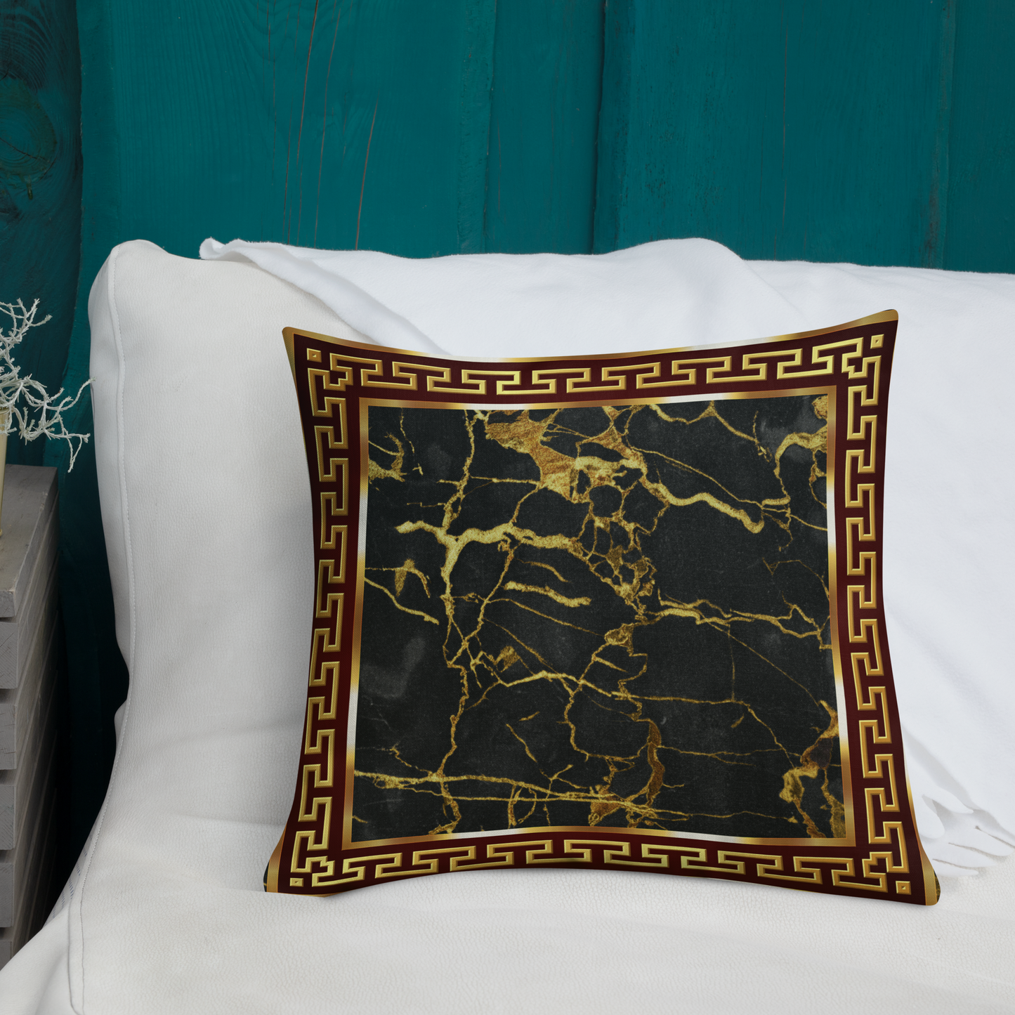 Gold Greek Keys Marbleized Black Maroon Premium Pillow