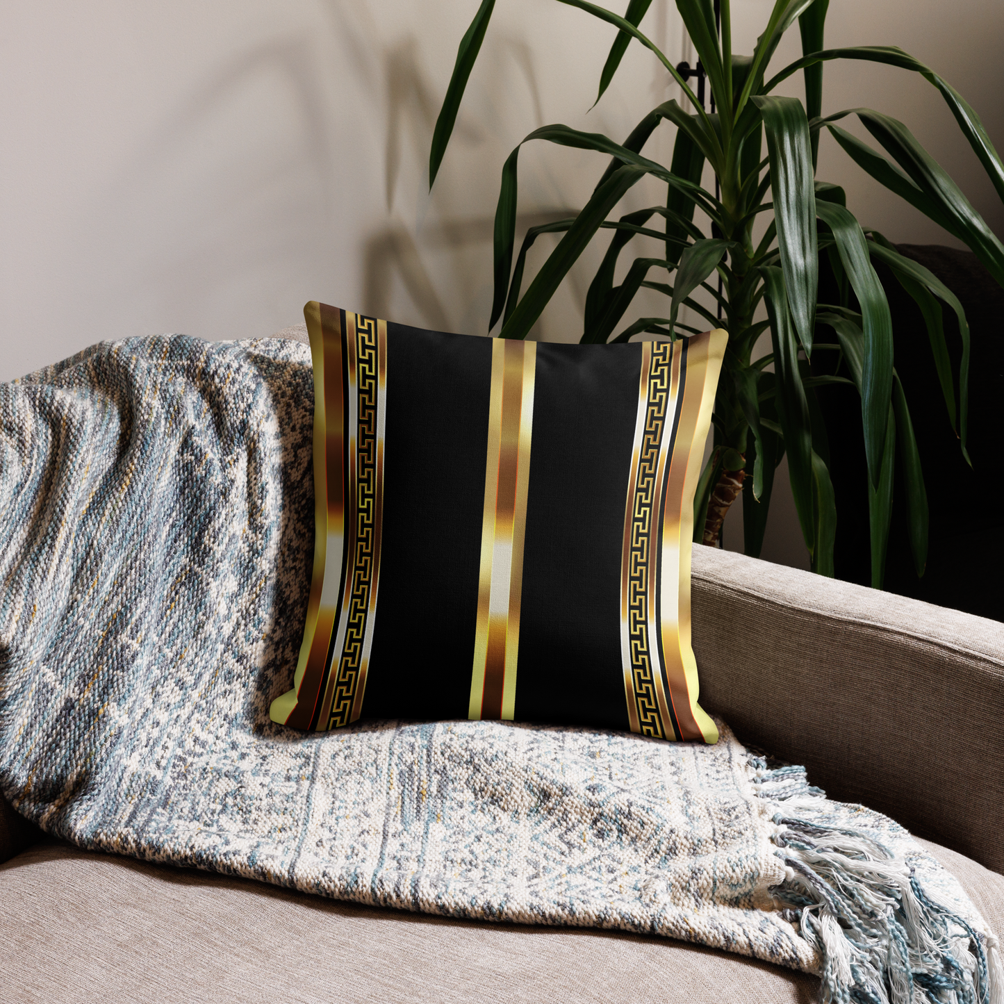 Gold Greek Key Black Premium Pillow