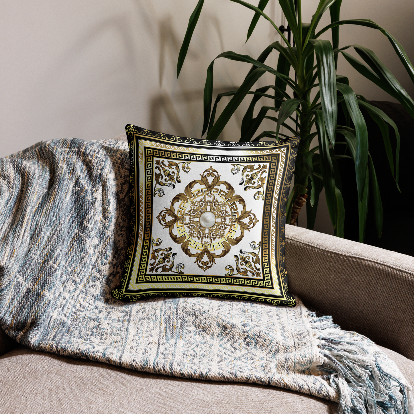 Black White Gold Greek Key Medallion Premium Pillow